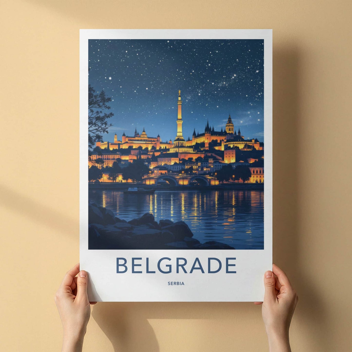 Belgrade Poster - Serbia Travel Print - Illuminated Riverside View Home Decor