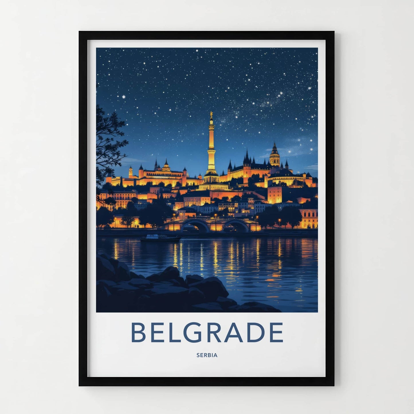 Belgrade Poster - Serbia Travel Print - Illuminated Riverside View Home Decor