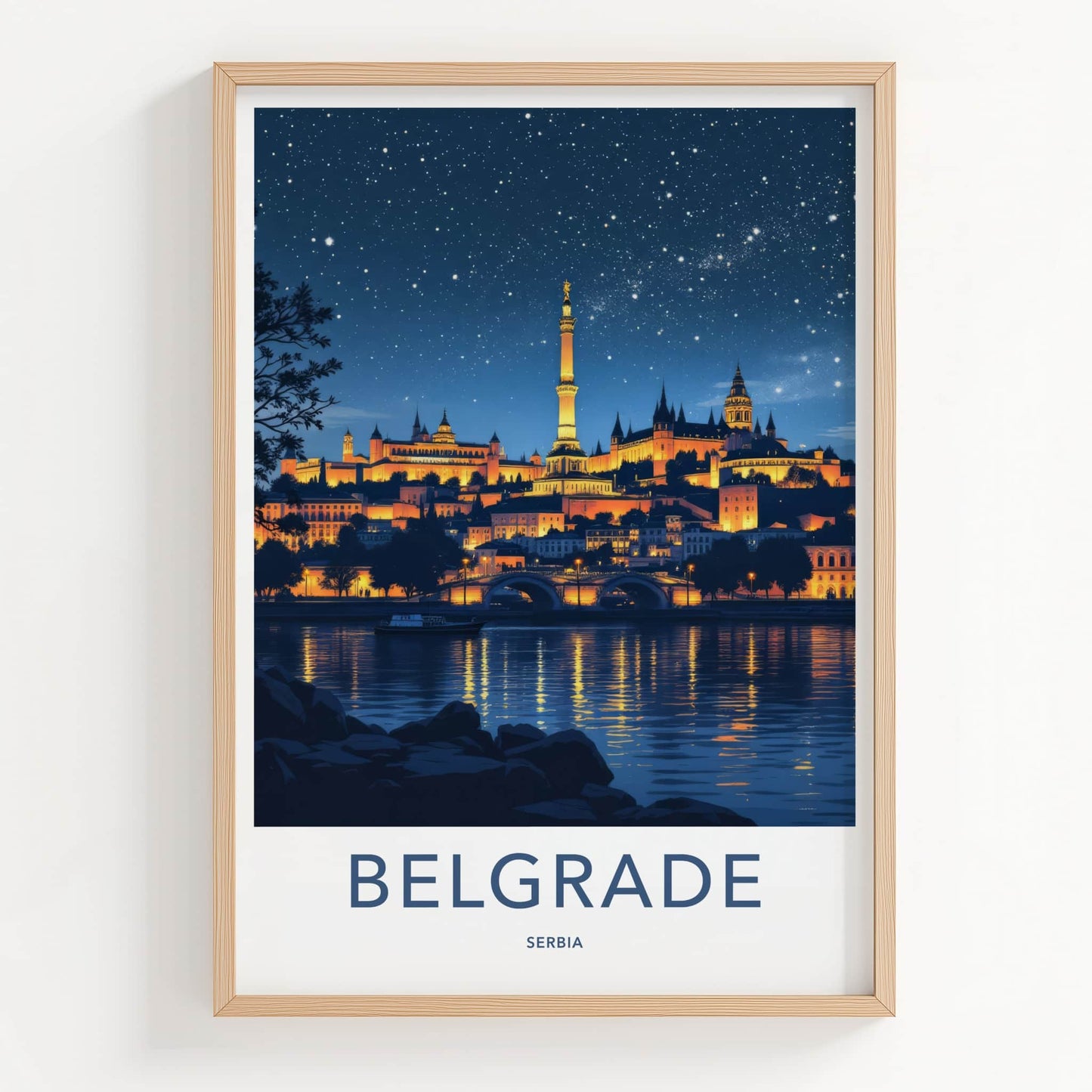 Belgrade Poster - Serbia Travel Print - Illuminated Riverside View Home Decor