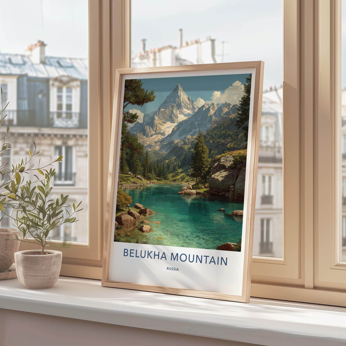 Belukha Mountain Poster - Russia Scenic Art - Snowy peak lake Home Decor