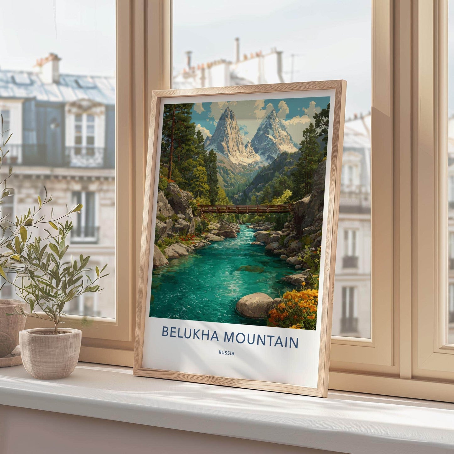 Belukha Mountain Poster - Russia Travel Art - Snowy peaks river Wall Decor