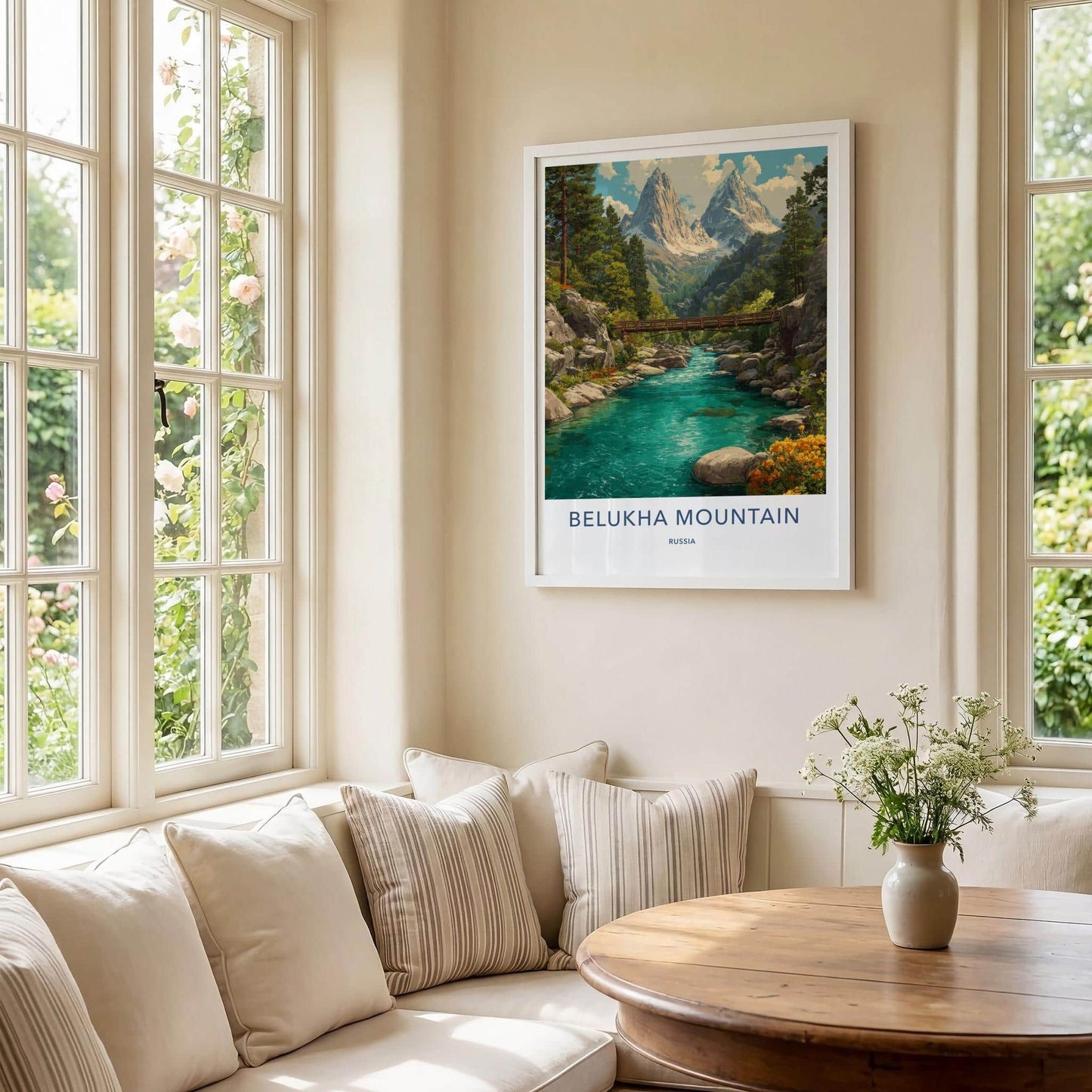 Belukha Mountain Poster - Russia Travel Art - Snowy peaks river Wall Decor