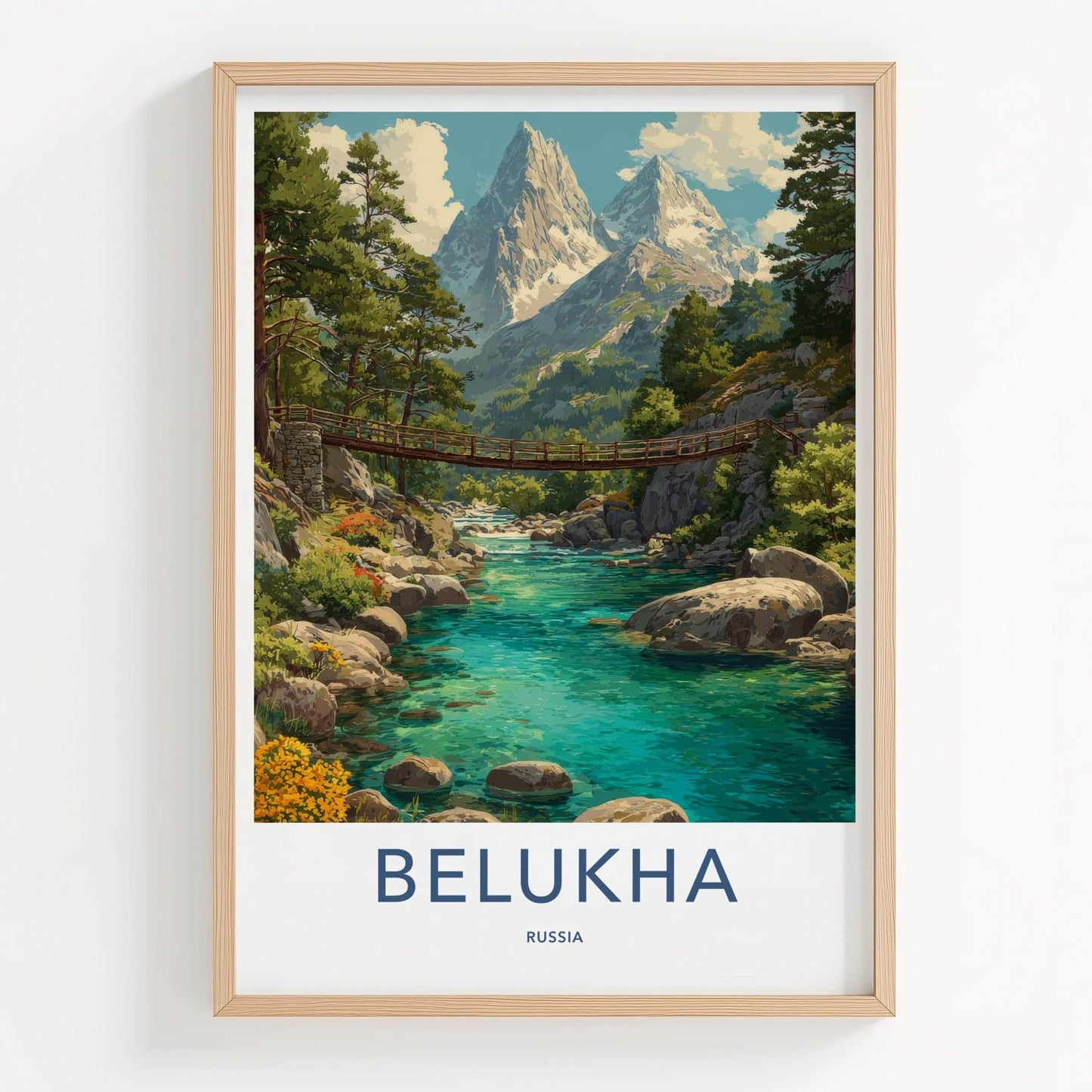 Belukha Poster - Russia Travel Art - Mountain River Bridge Wall Decor