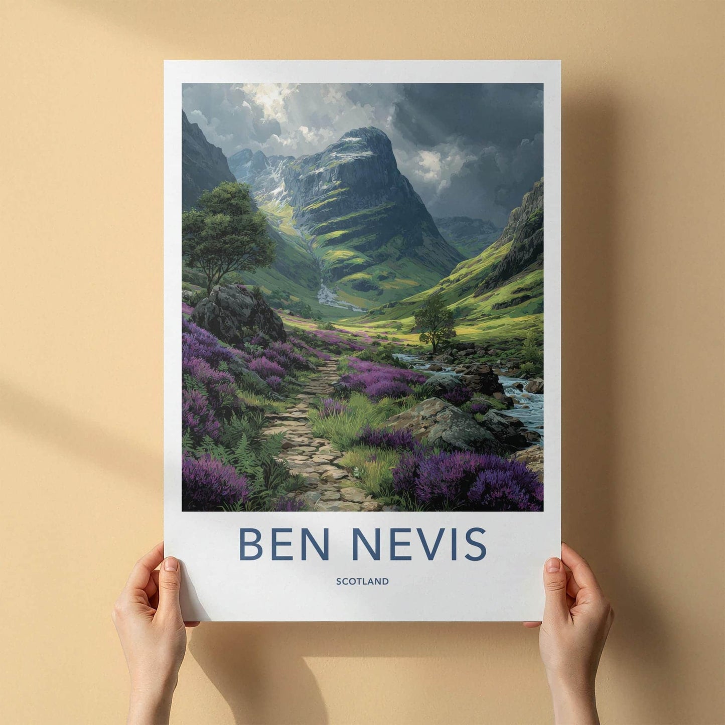 Ben Nevis Poster - Scotland Travel Art - Sunlit Heather Valley Wall Decor