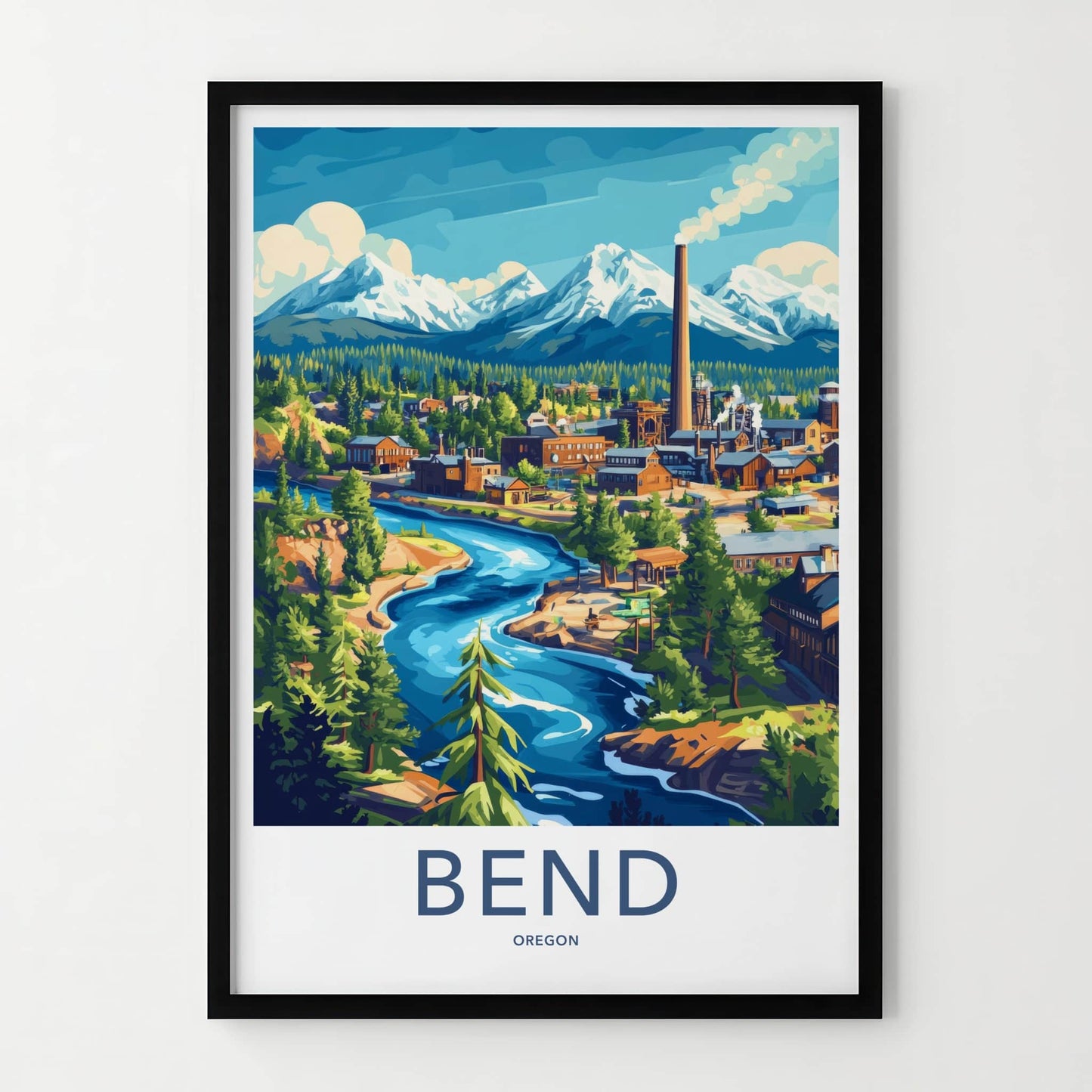 Bend Poster - Oregon Travel Print - Mountain River Town Lounge Decor