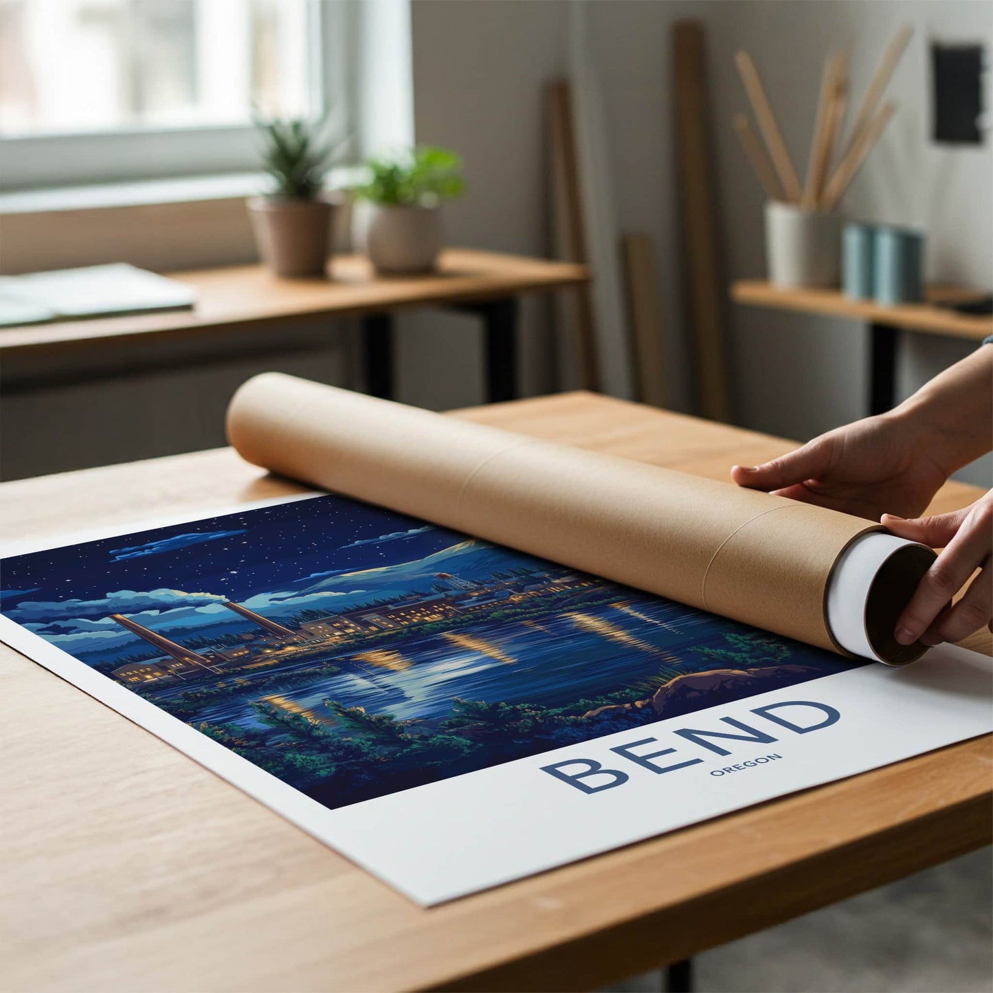 Bend Poster - Oregon Wall Art - Moonlit Industrial Town Home Decor