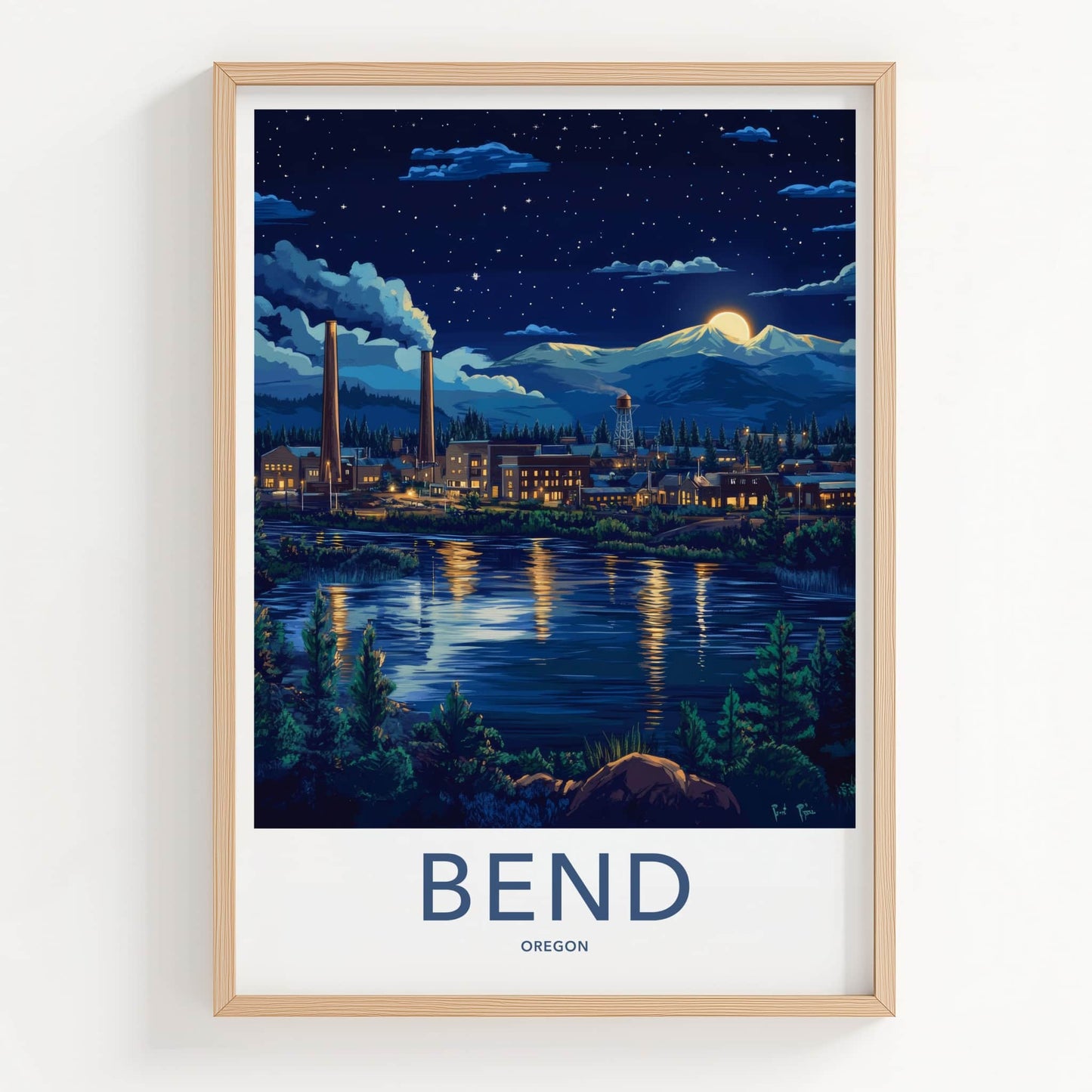 Bend Poster - Oregon Wall Art - Moonlit Industrial Town Home Decor