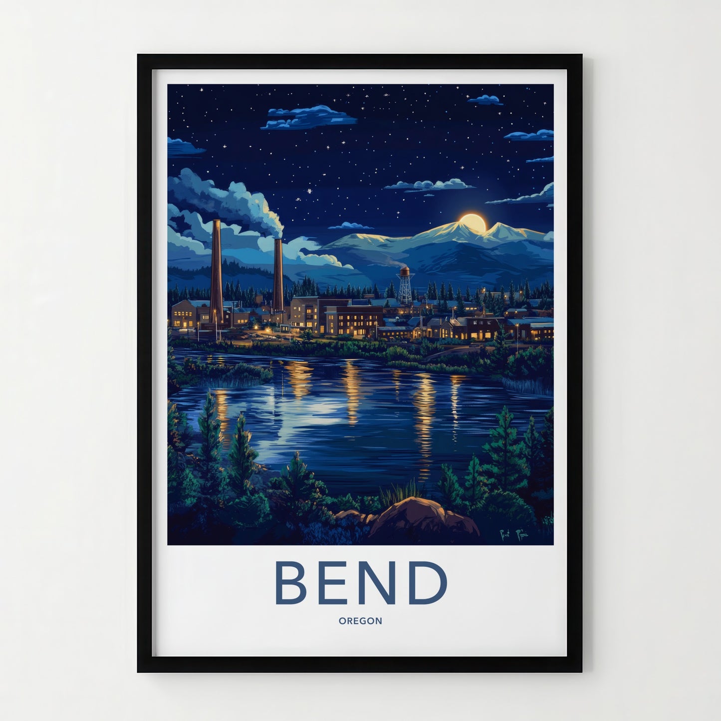 Bend Poster - Oregon Wall Art - Moonlit Industrial Town Home Decor
