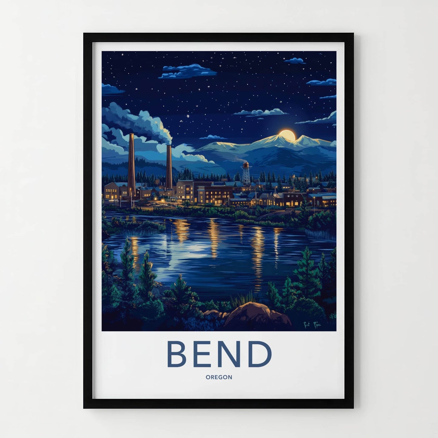 Bend Poster - Oregon Wall Art - Moonlit Industrial Town Home Decor