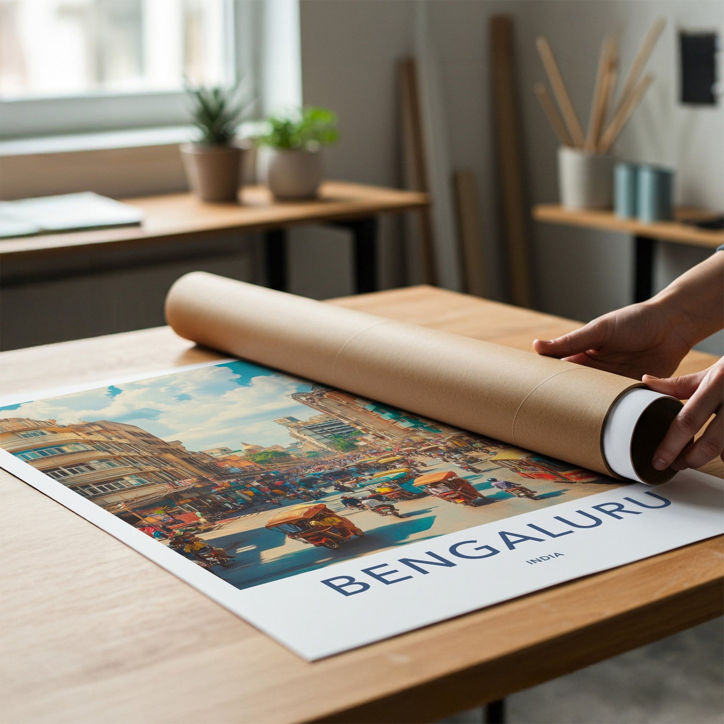 Bengaluru Poster - India Travel Art - Karnataka Busy Street Home Decor