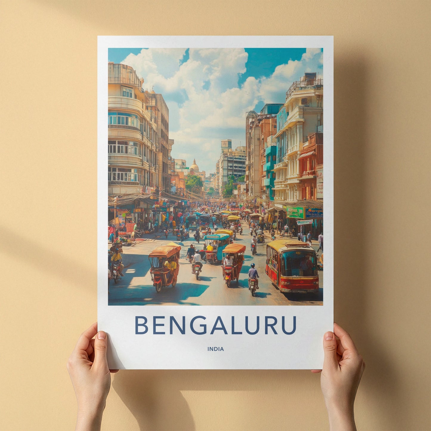 Bengaluru Poster - India Travel Art - Karnataka Busy Street Home Decor