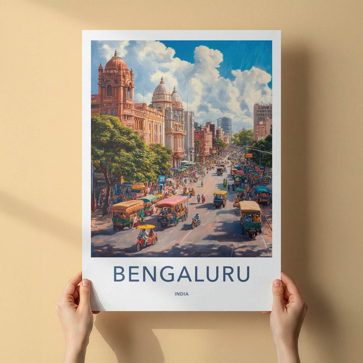 Bengaluru Poster - India Travel Art - Karnataka Busy Street Life Home Decor