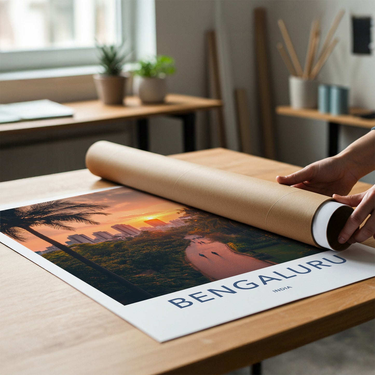 Bengaluru Poster - India Travel Art - Karnataka Sunset Palm Path Home Decor