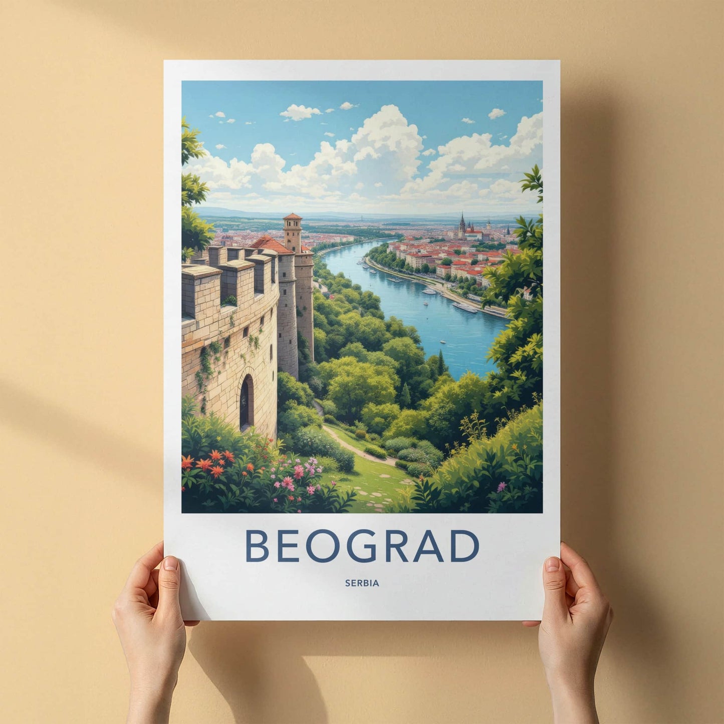 Beogard Poster - Serbia Travel Print - Fortress River Cityscape Home Decor