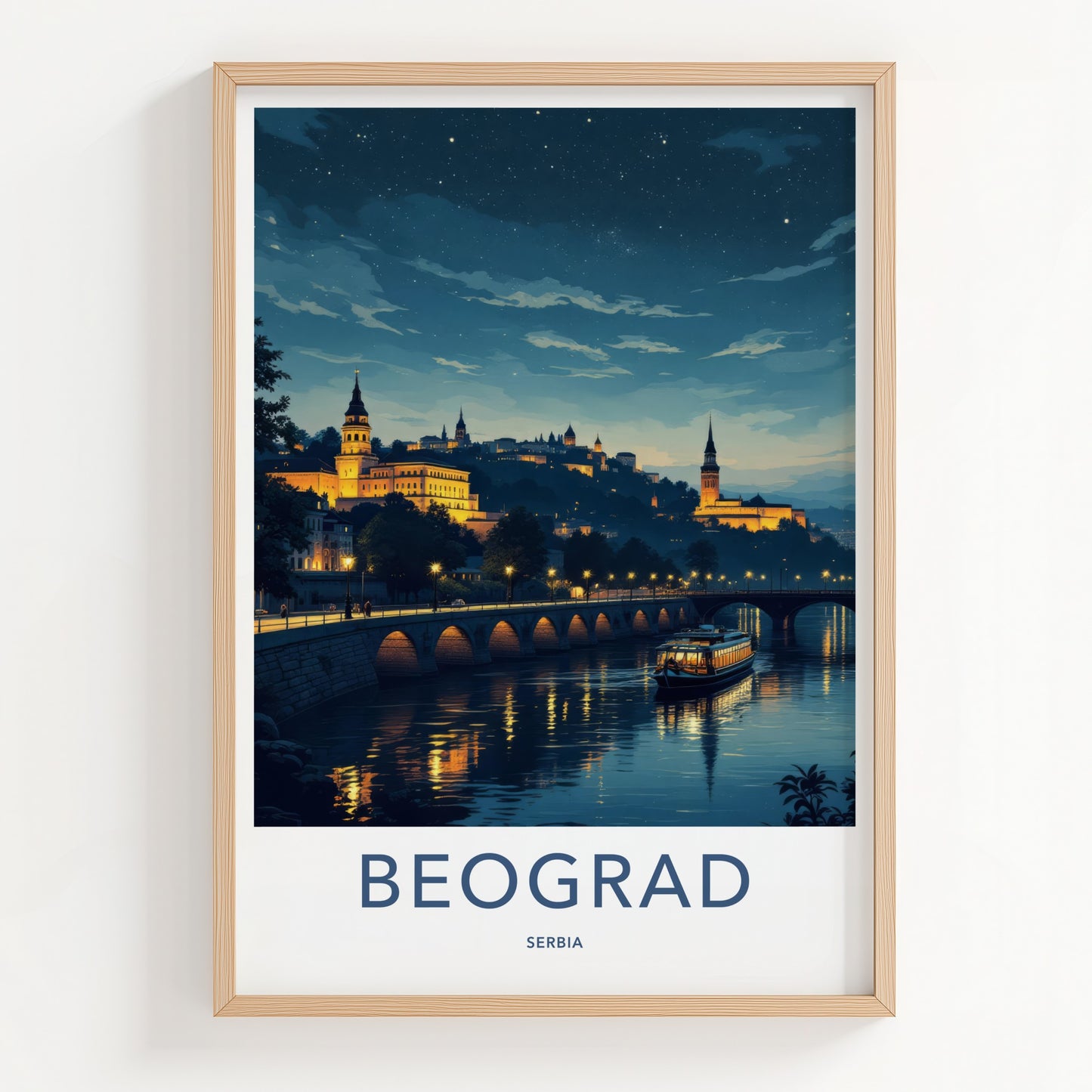 Beograd Poster - Serbia Travel Art - Illuminated Cityscape Boat Home Decor