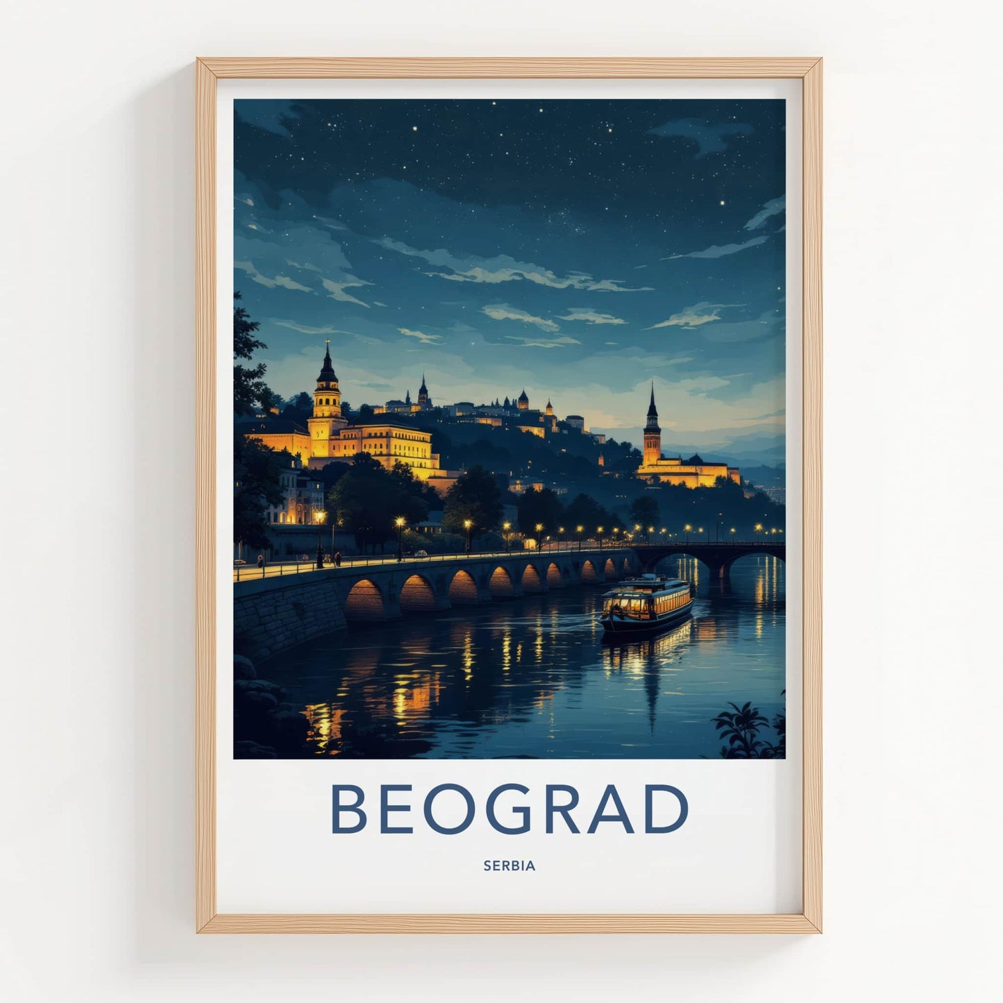 Beograd Poster - Serbia Travel Art - Illuminated Cityscape Boat Home Decor