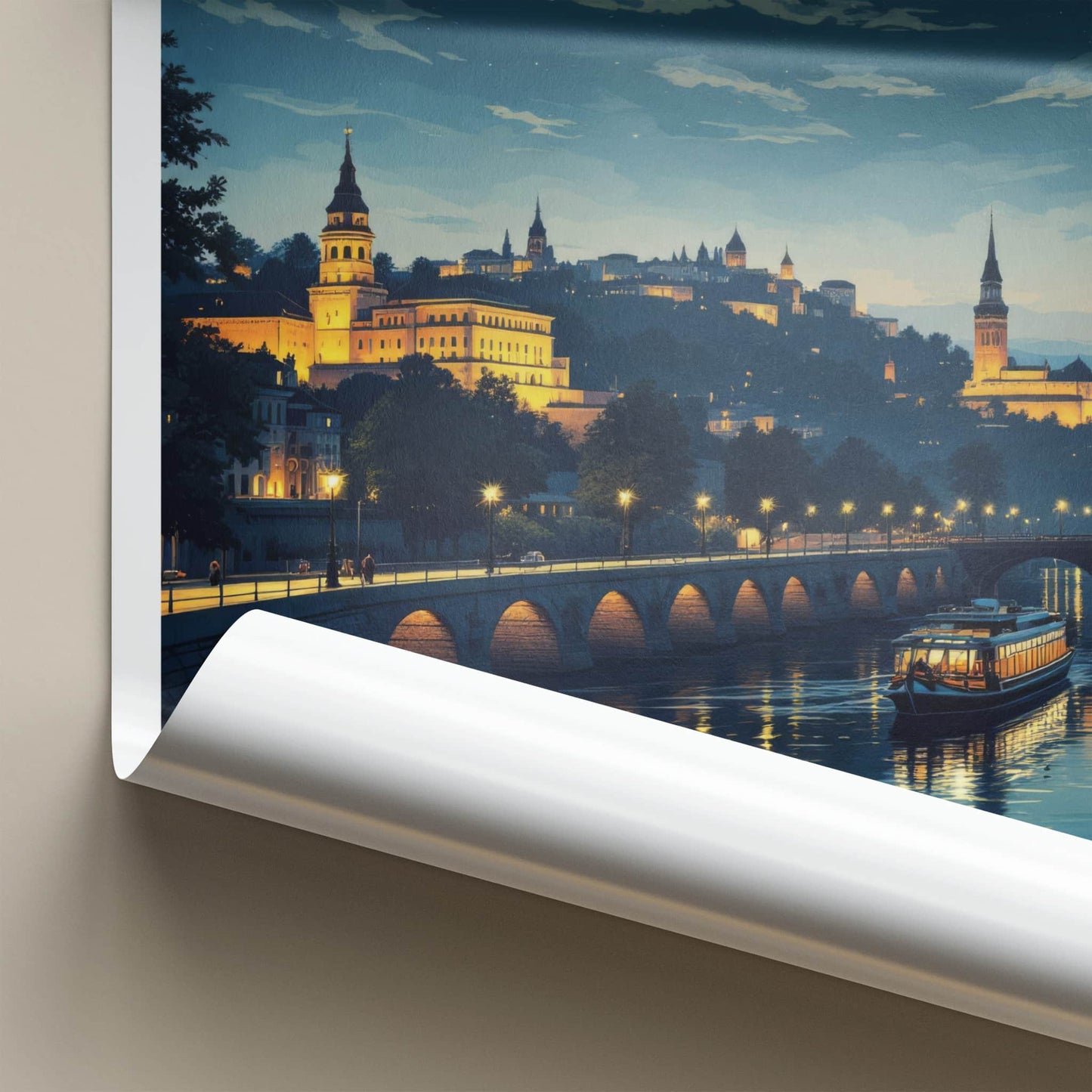 Beograd Poster - Serbia Travel Art - Illuminated Cityscape Boat Home Decor