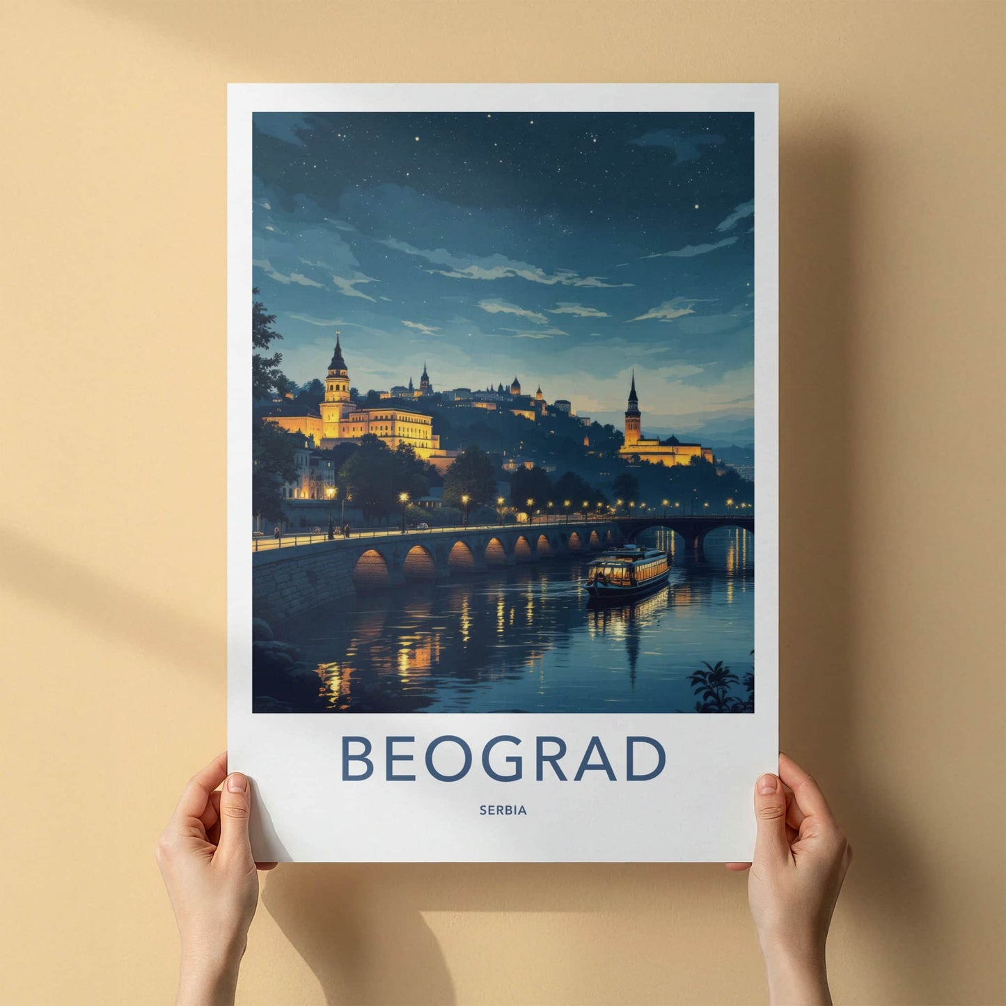 Beograd Poster - Serbia Travel Art - Illuminated Cityscape Boat Home Decor