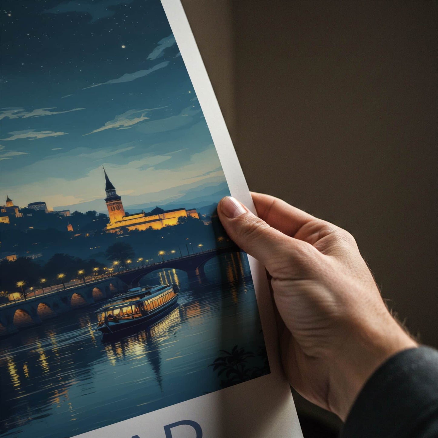 Beograd Poster - Serbia Travel Art - Illuminated Cityscape Boat Home Decor