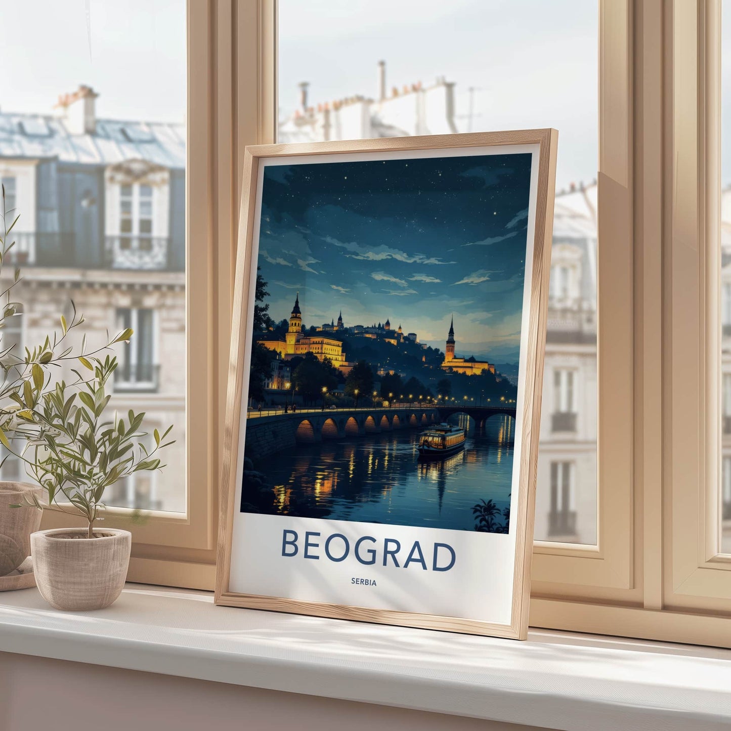 Beograd Poster - Serbia Travel Art - Illuminated Cityscape Boat Home Decor