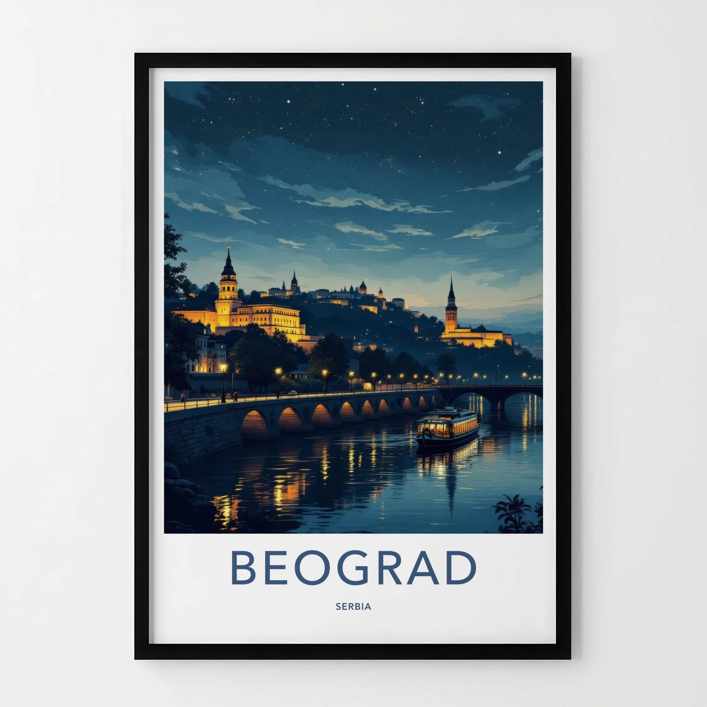 Beograd Poster - Serbia Travel Art - Illuminated Cityscape Boat Home Decor