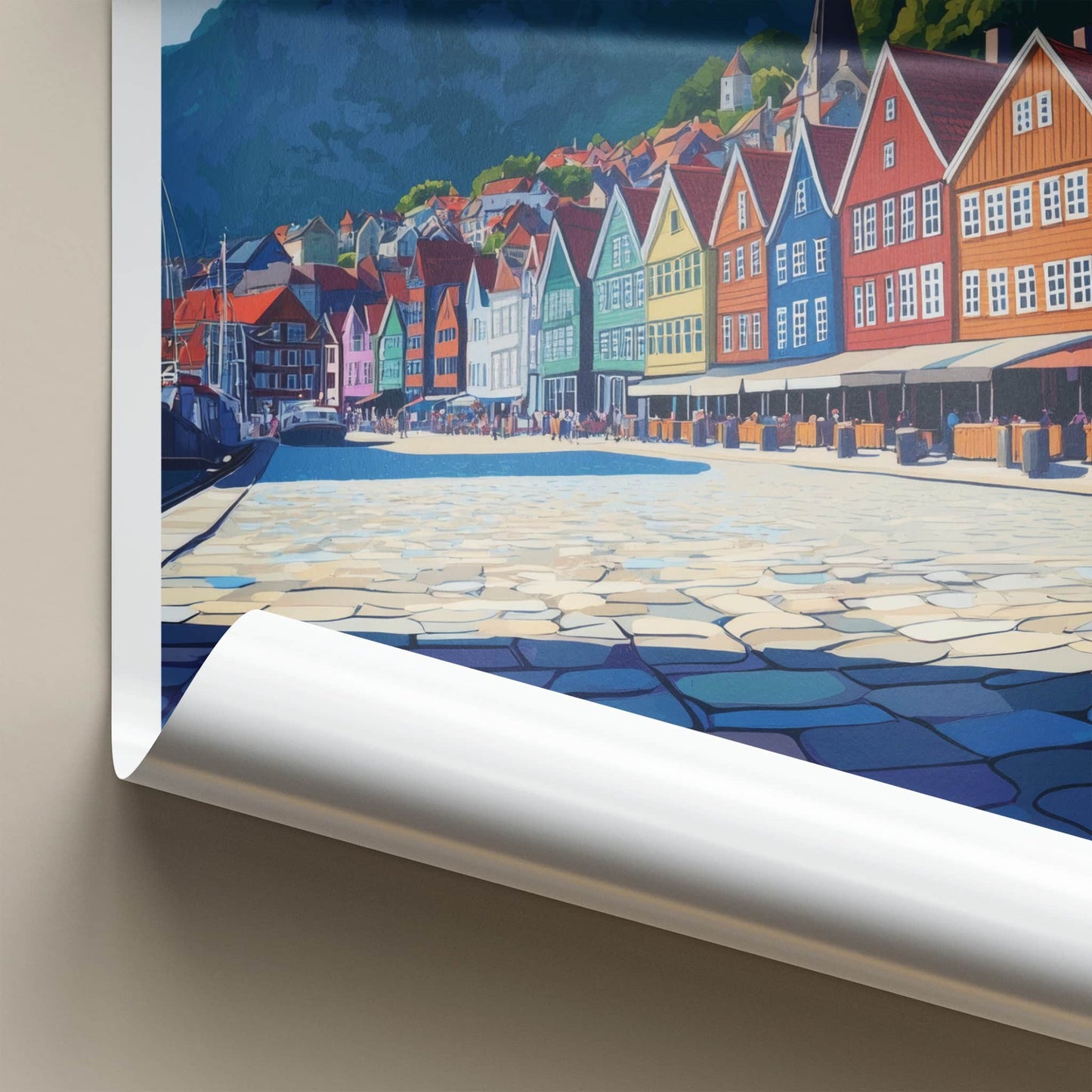 Bergen Poster - Norway Travel Art - Bright Harbor Mountains Home Decor