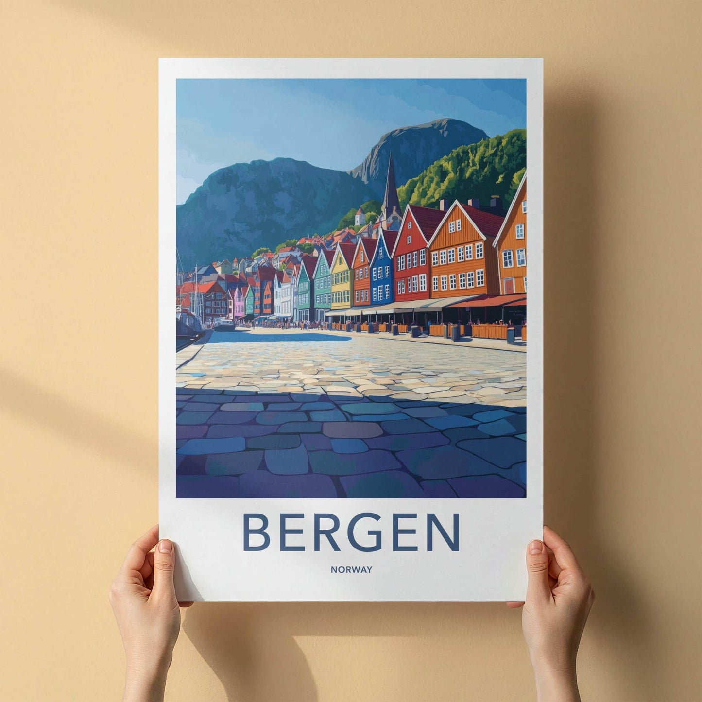 Bergen Poster - Norway Travel Art - Bright Harbor Mountains Home Decor