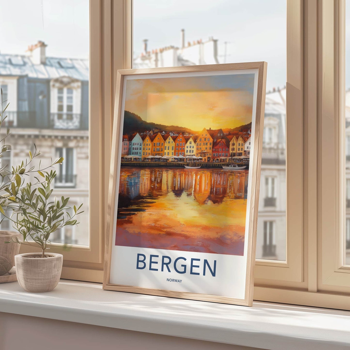 Bergen Poster - Norway Travel Art - Vibrant City Reflections Home Decor