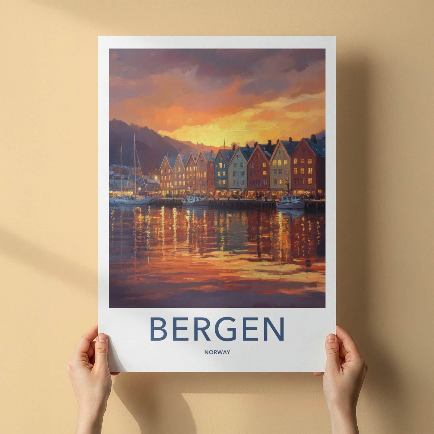 Bergen Poster - Norway Travel Print - Sunset Harbor Town Home Decor
