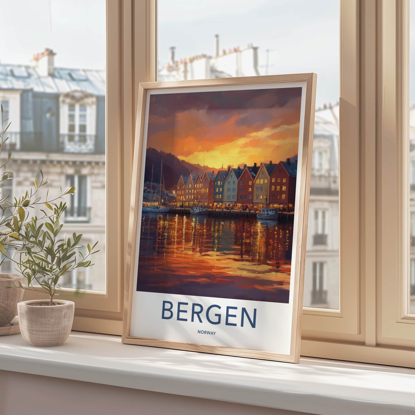 Bergen Poster - Norway Travel Print - Sunset Harbor Town Home Decor