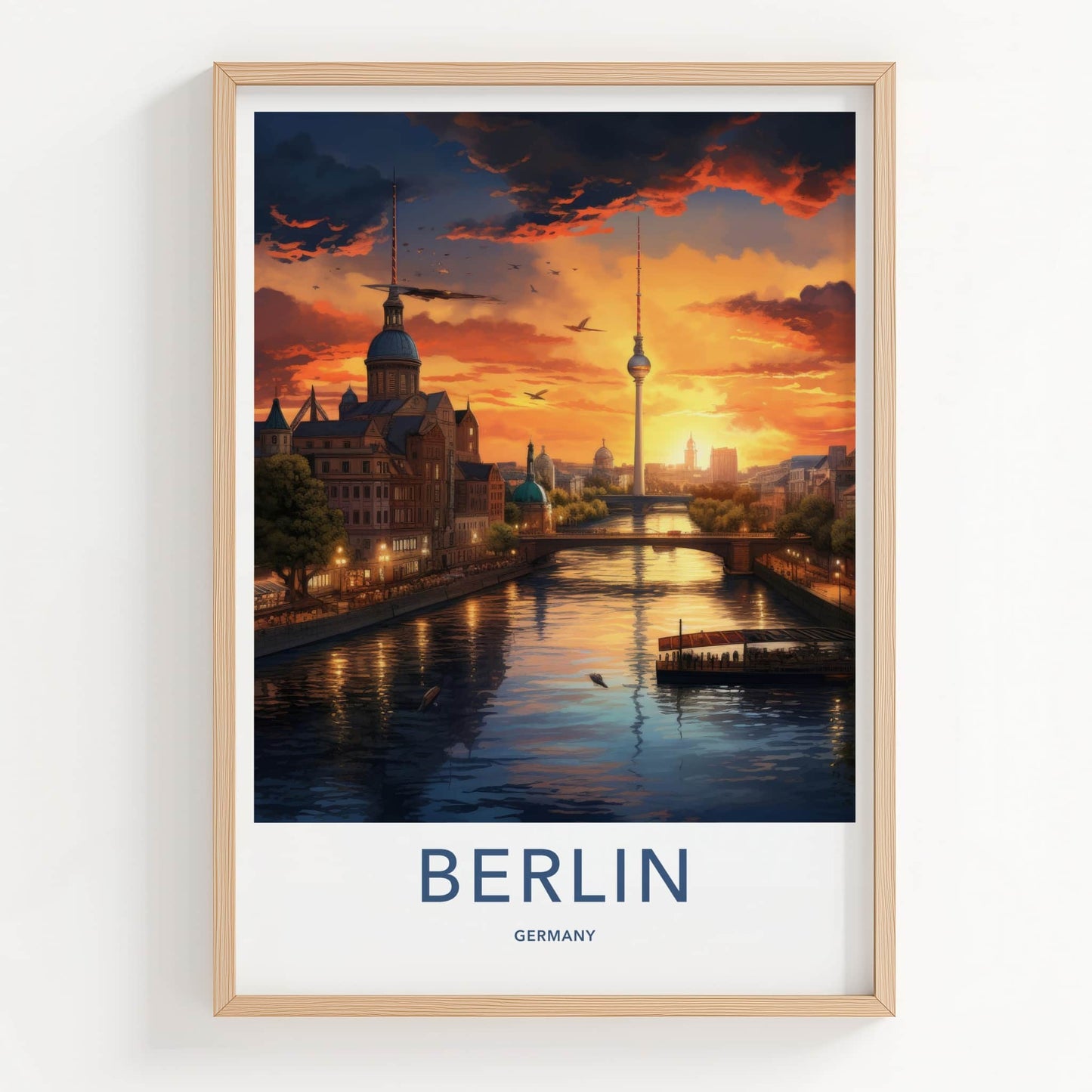 Berlin Poster - Germany Travel Art - Riverside City Sunset Wall Decor