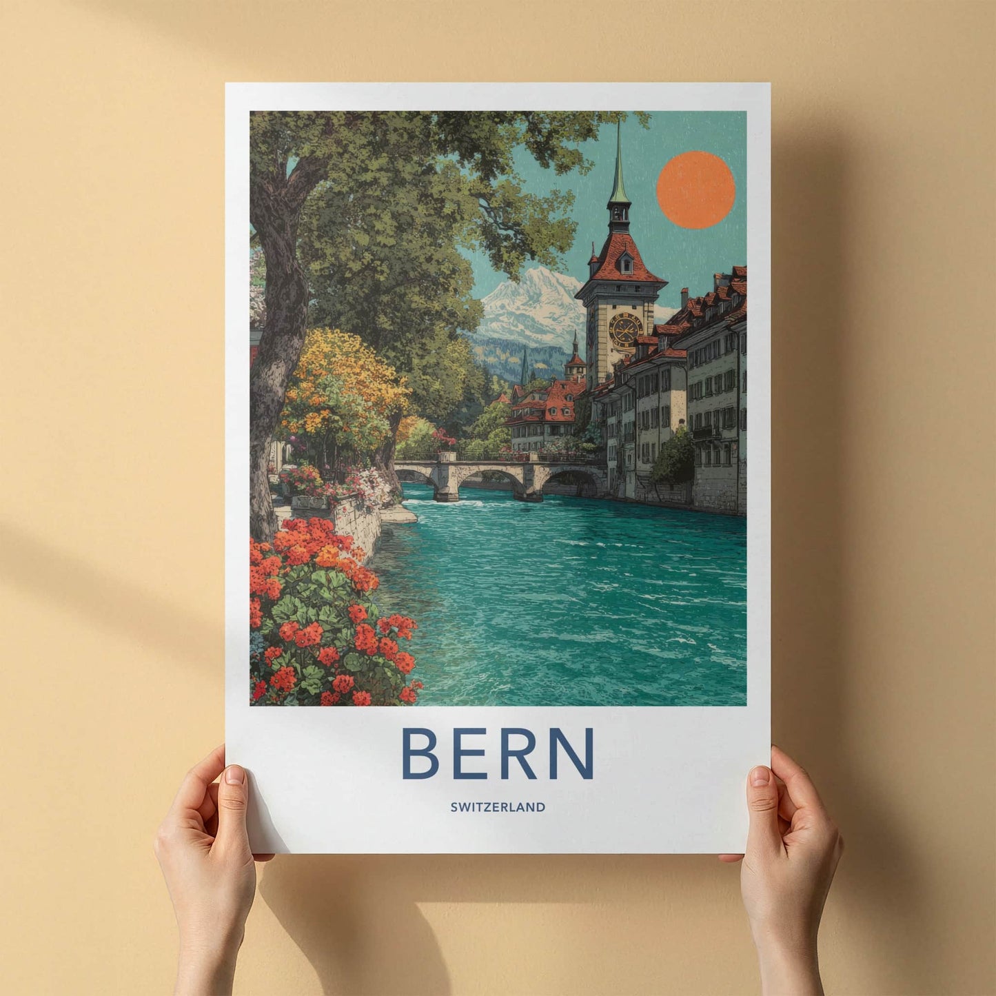 Bern Poster - Switzerland Art Print - Alpine River Stadt Clock Home Decor