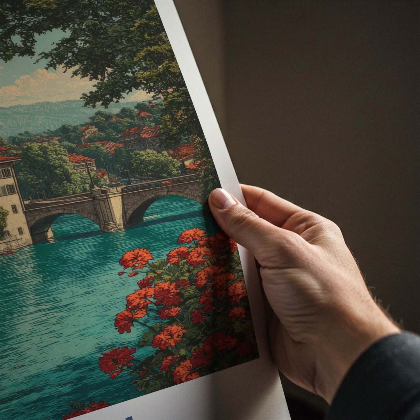 Bern Poster - Switzerland Travel Art - Riverside Clock Tower Wall Decor