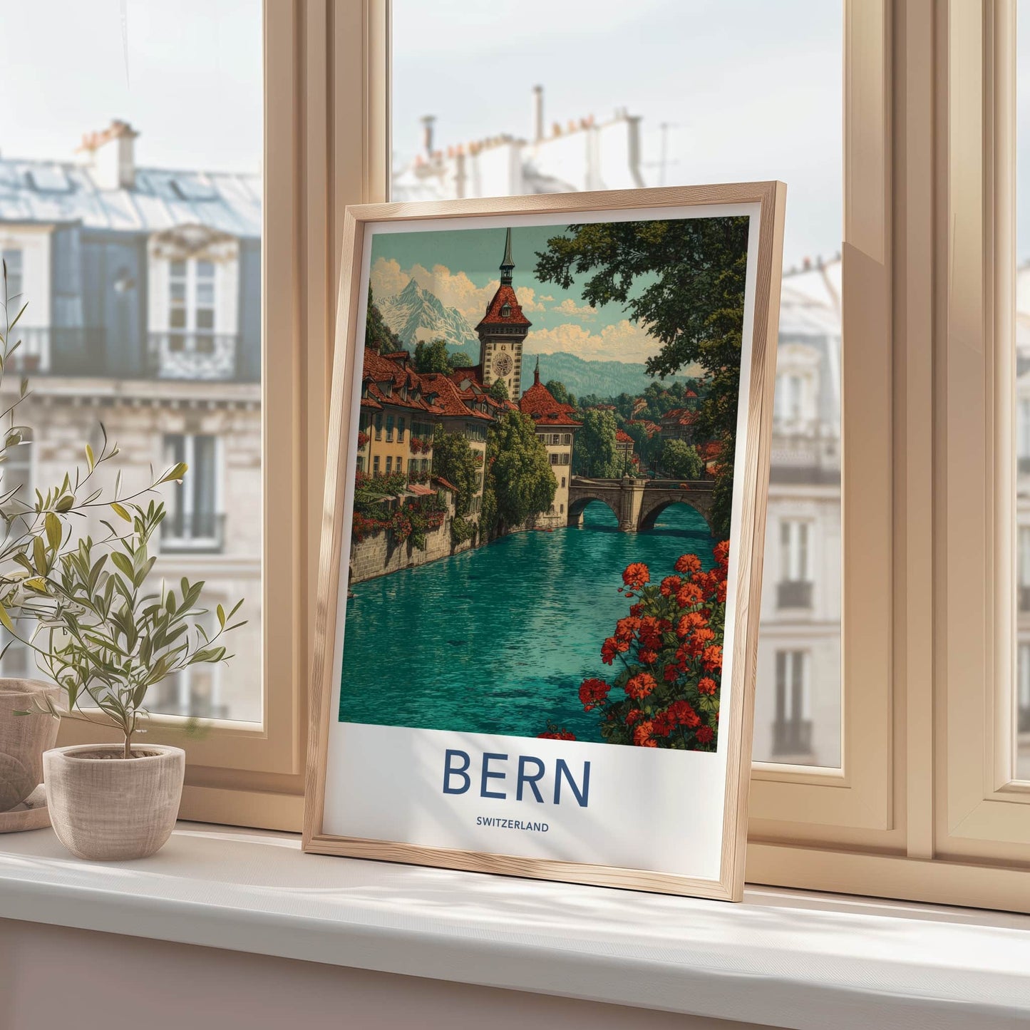 Bern Poster - Switzerland Travel Art - Riverside Clock Tower Wall Decor
