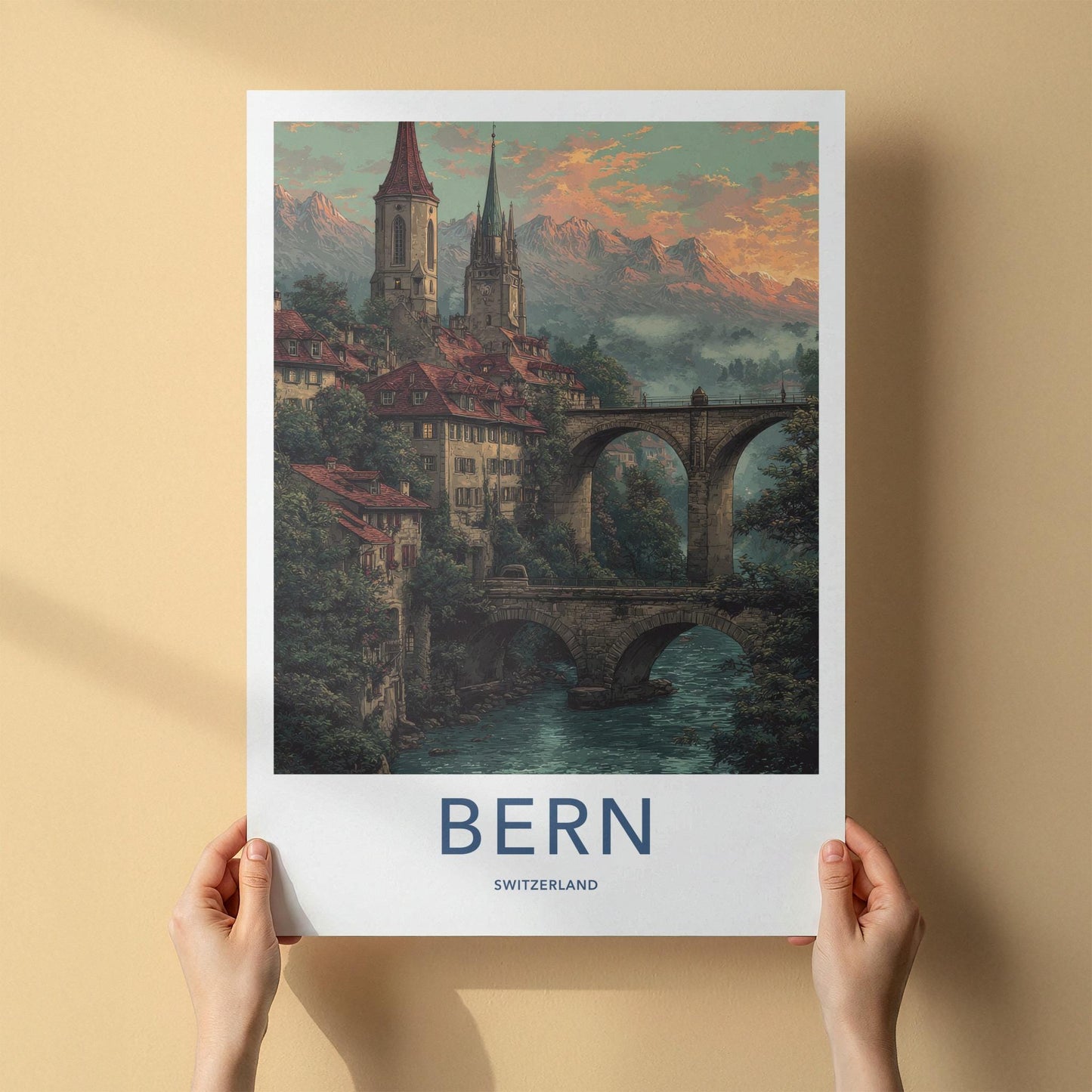 Bern Poster - Switzerland Travel Print - Historic bridge river Home Art