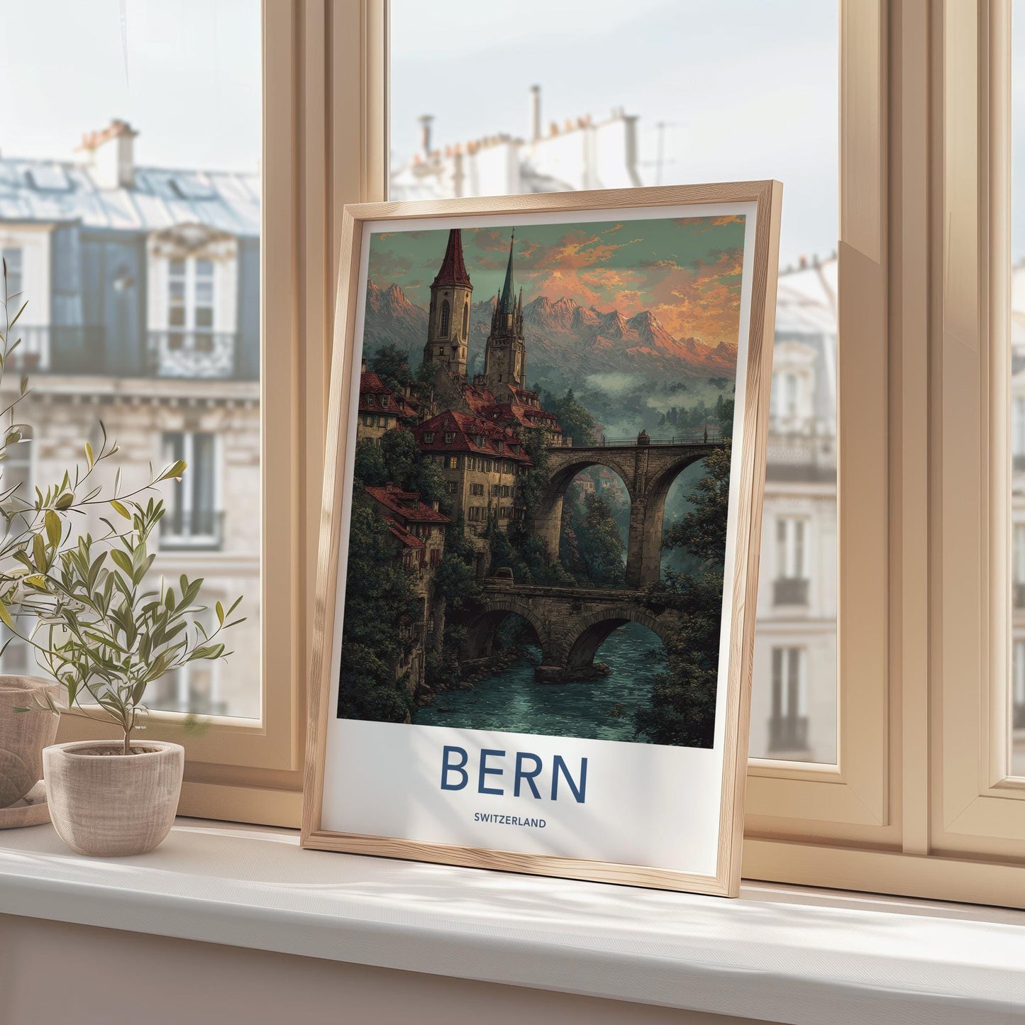 Bern Poster - Switzerland Travel Print - Historic bridge river Home Art