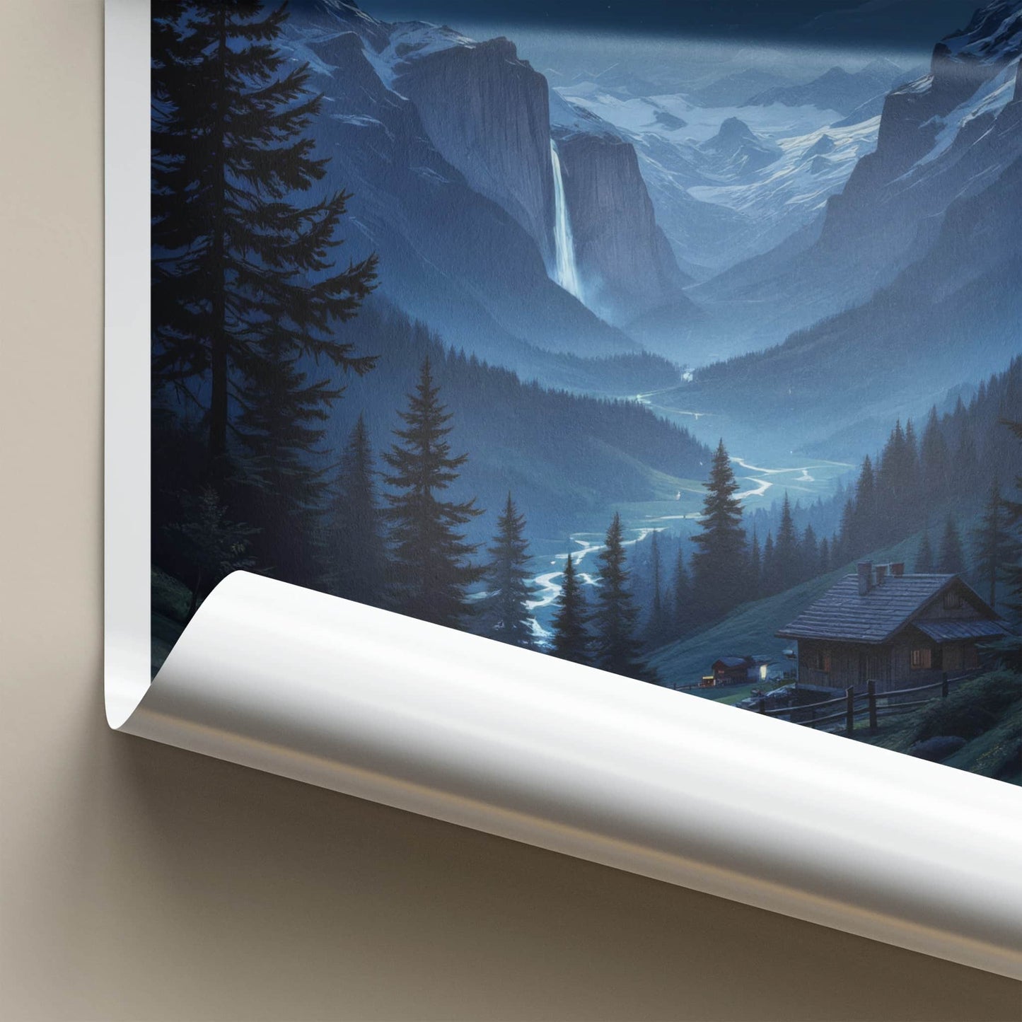 Berneese Alps Poster - Switzerland Travel Art - Moonlit Valley Waterfall Wall Decor