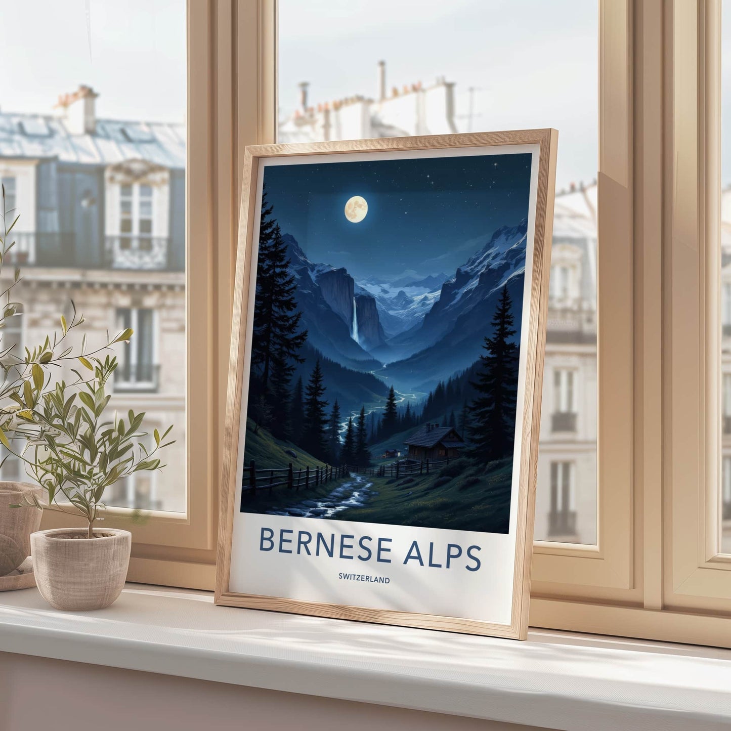 Berneese Alps Poster - Switzerland Travel Art - Moonlit Valley Waterfall Wall Decor