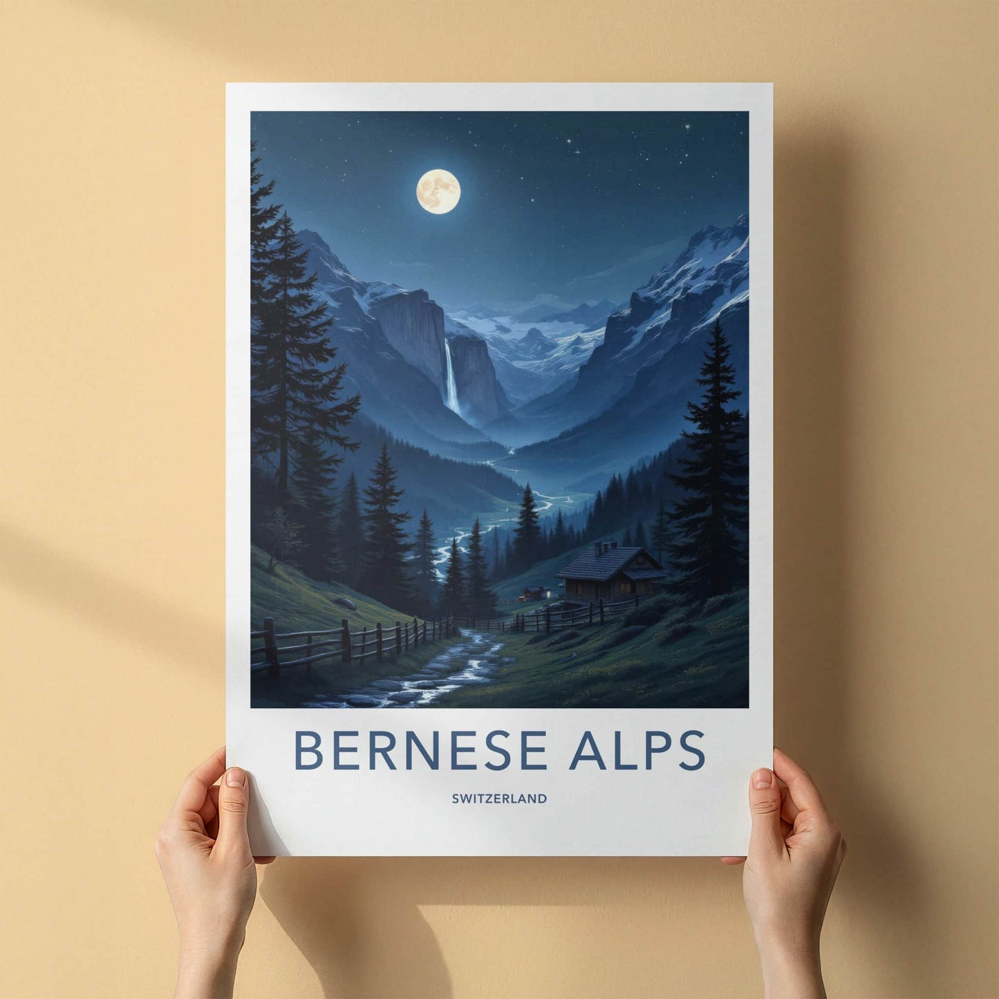 Berneese Alps Poster - Switzerland Travel Art - Moonlit Valley Waterfall Wall Decor