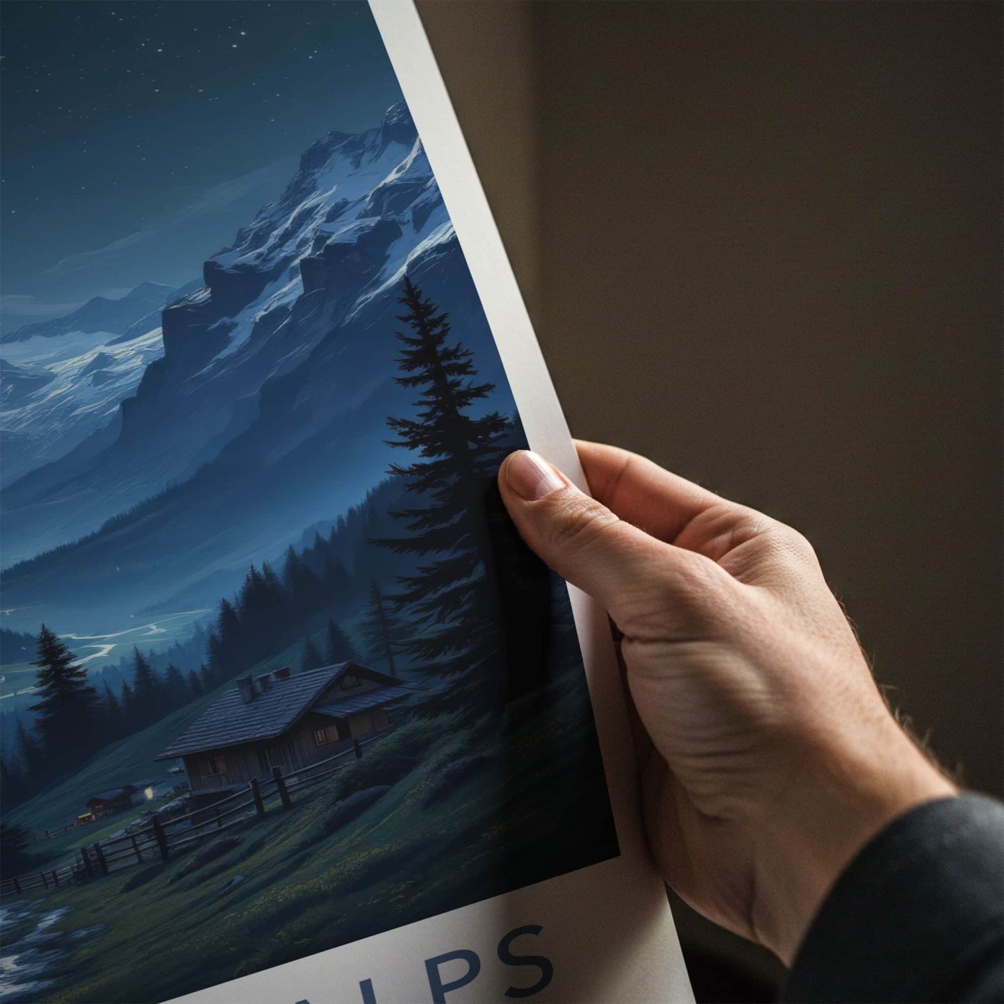 Berneese Alps Poster - Switzerland Travel Art - Moonlit Valley Waterfall Wall Decor
