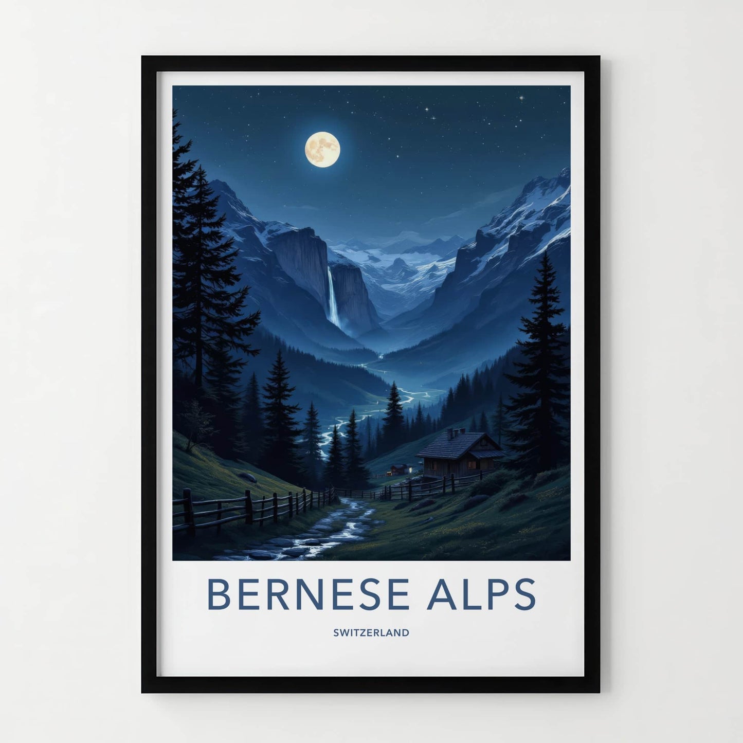 Berneese Alps Poster - Switzerland Travel Art - Moonlit Valley Waterfall Wall Decor