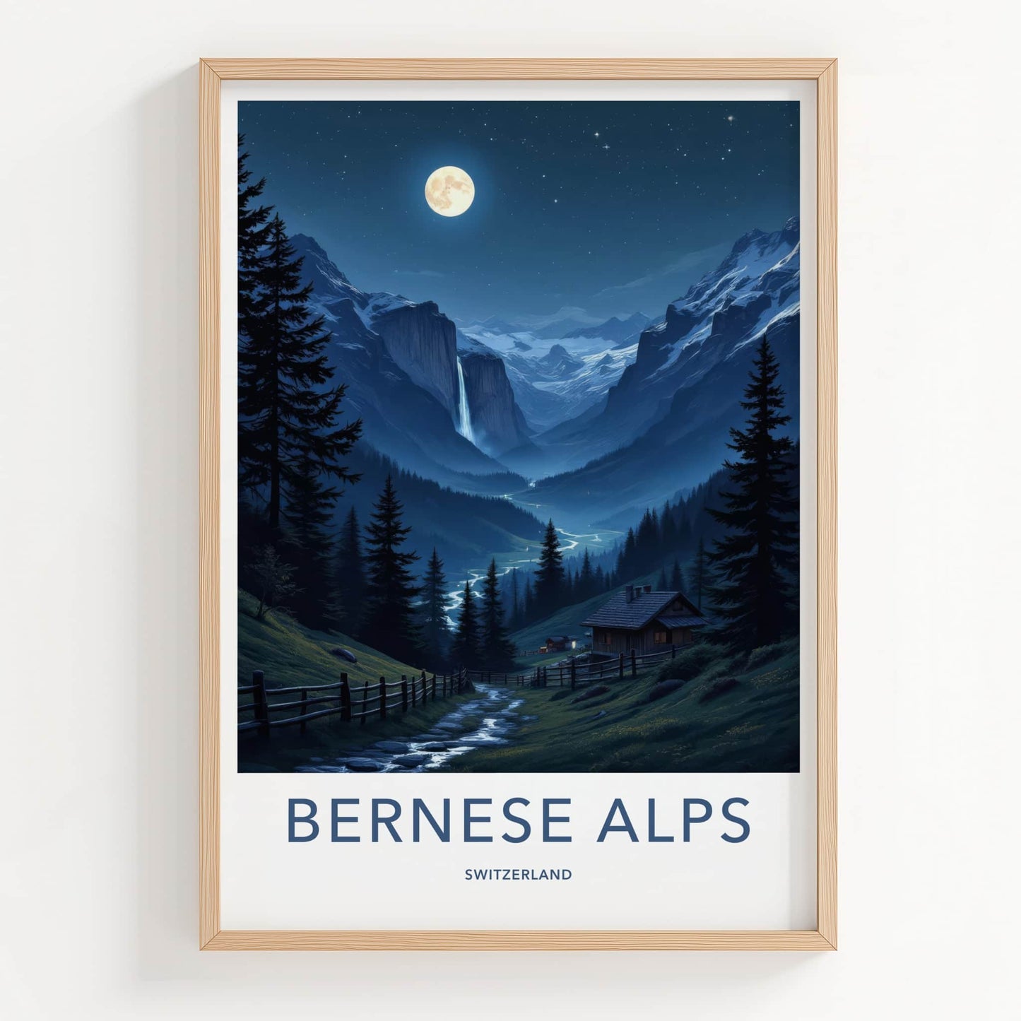 Berneese Alps Poster - Switzerland Travel Art - Moonlit Valley Waterfall Wall Decor