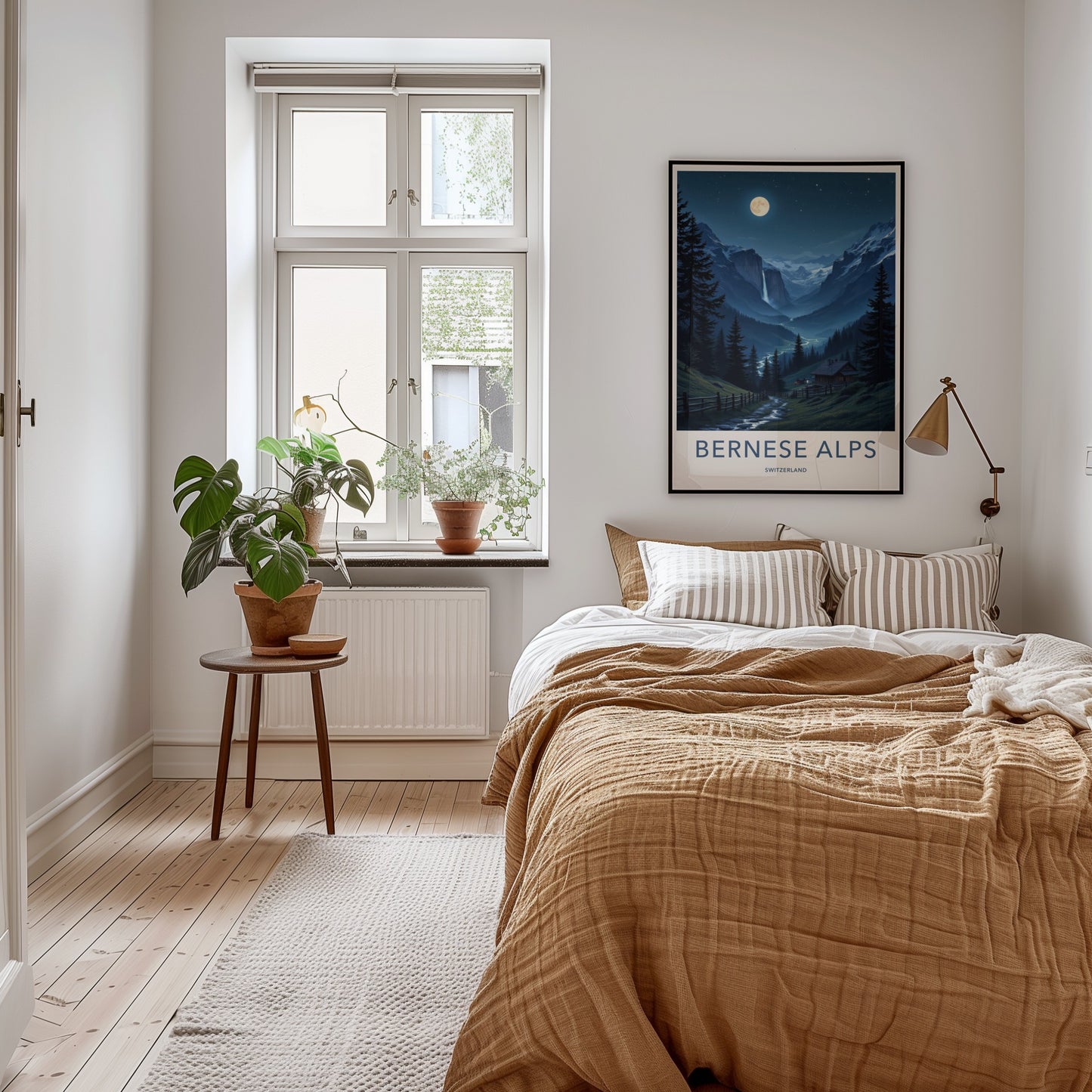 Berneese Alps Poster - Switzerland Travel Art - Moonlit Valley Waterfall Wall Decor