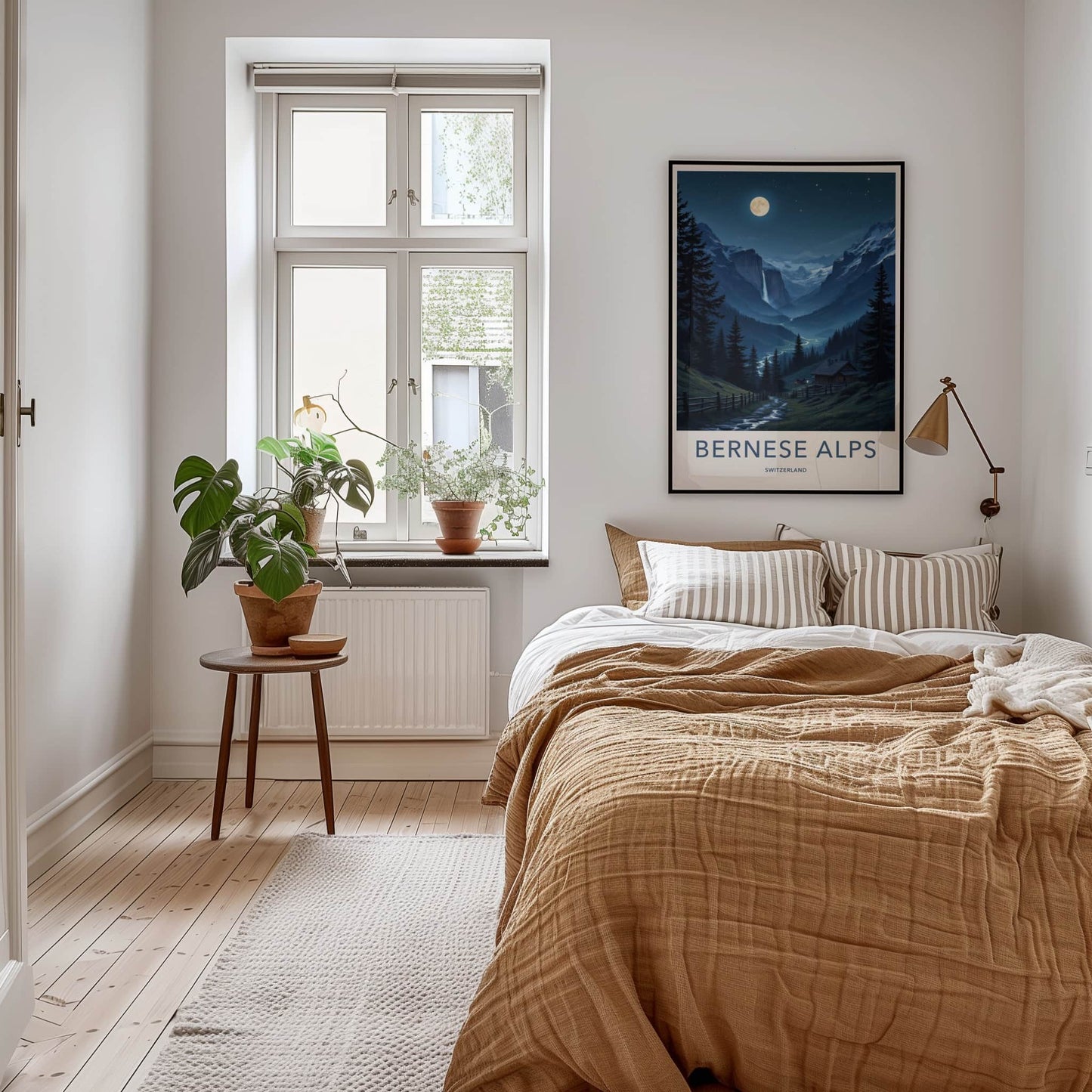 Berneese Alps Poster - Switzerland Travel Art - Moonlit Valley Waterfall Wall Decor