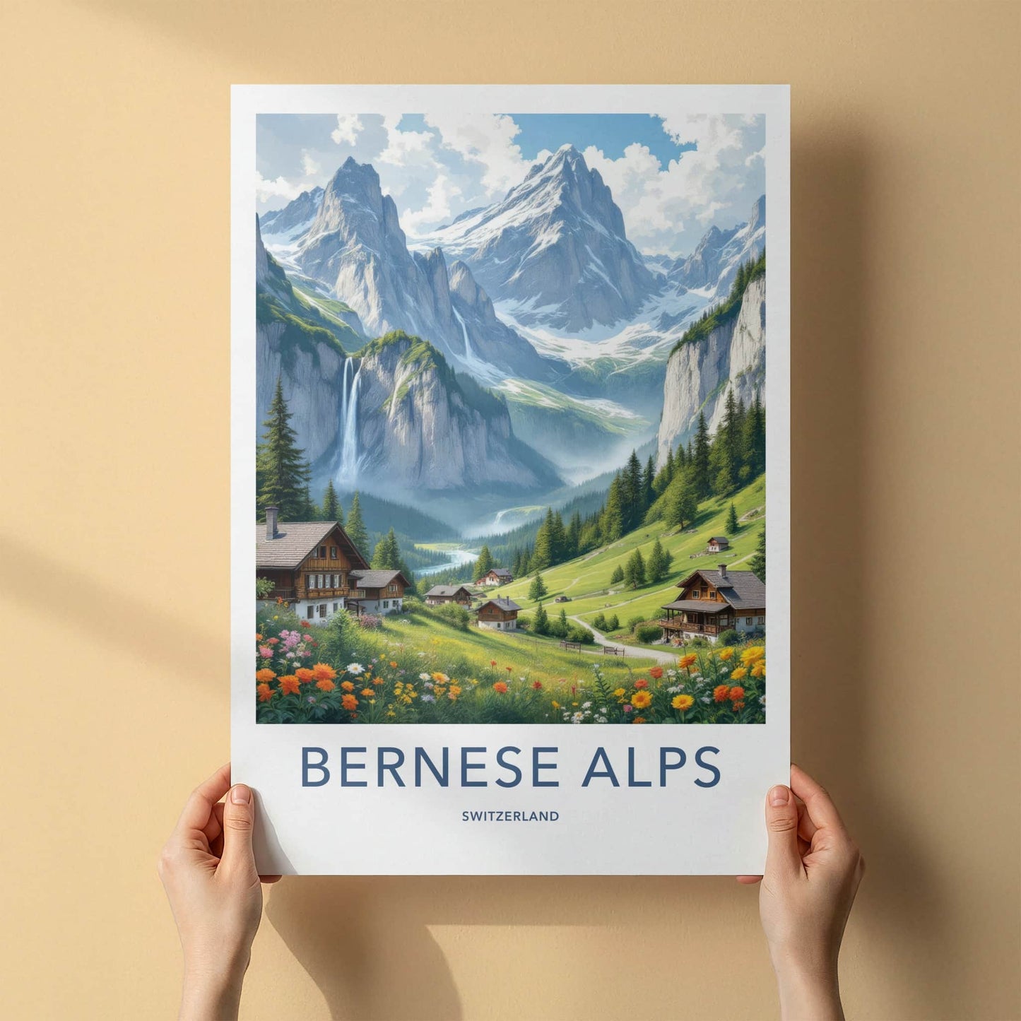 Bernese Alps Poster - Switzerland Travel Art - Majestic Alpine Waterfall Home Decor
