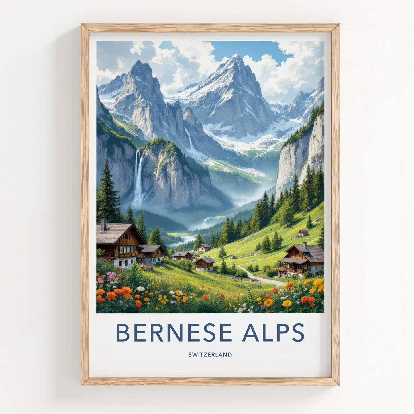 Bernese Alps Poster - Switzerland Travel Art - Majestic Alpine Waterfall Home Decor