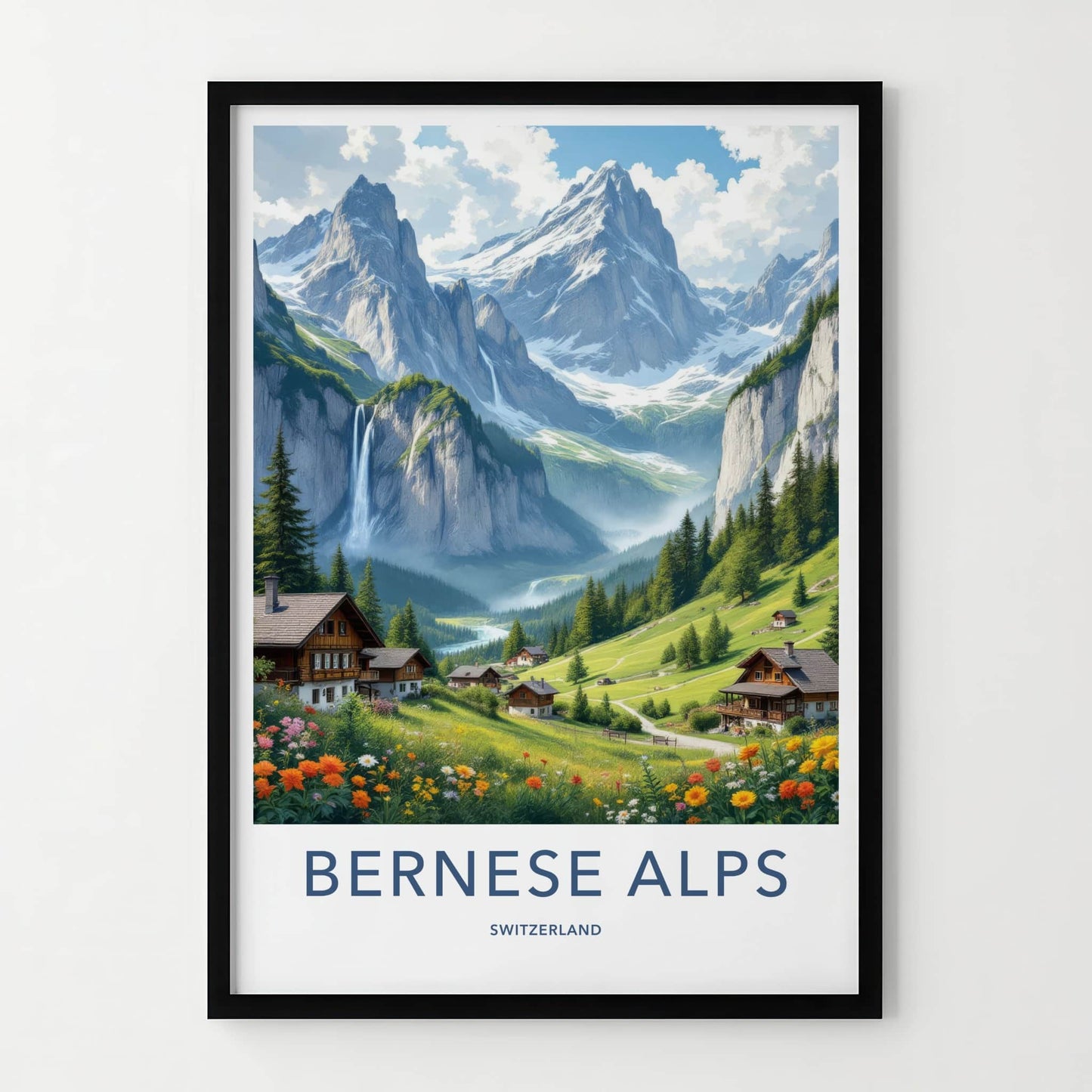 Bernese Alps Poster - Switzerland Travel Art - Majestic Alpine Waterfall Home Decor