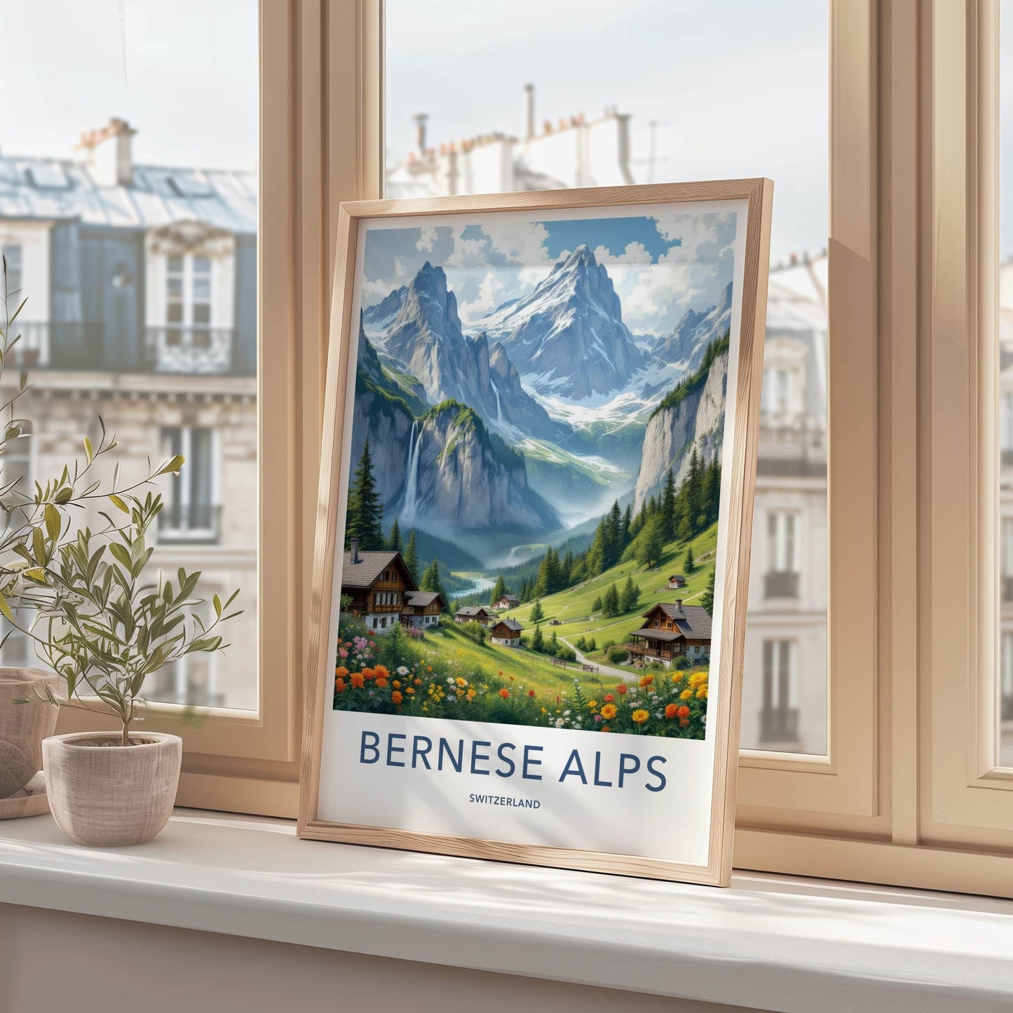Bernese Alps Poster - Switzerland Travel Art - Majestic Alpine Waterfall Home Decor