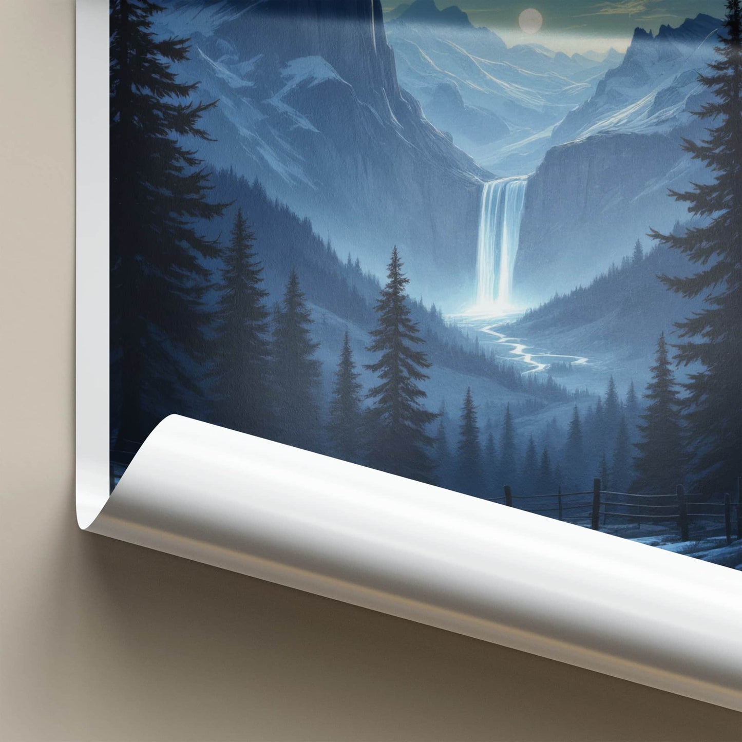Bernese Alps Poster - Switzerland Travel Art - Moonlit Alpine Waterfall Wall Decor