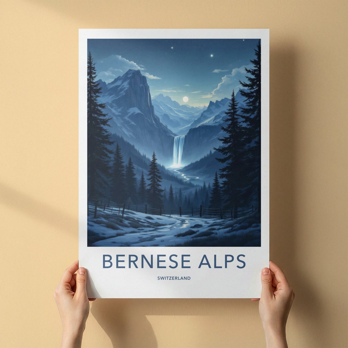 Bernese Alps Poster - Switzerland Travel Art - Moonlit Alpine Waterfall Wall Decor